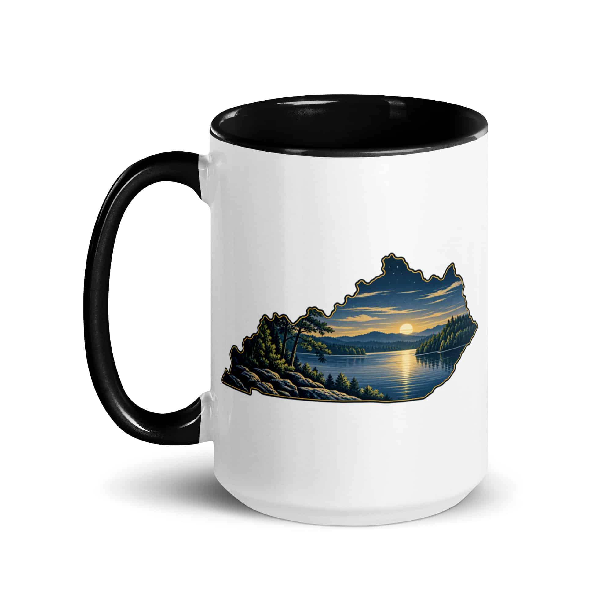 Kentucky Color Inside Coffee Mug: Lake with wooded shoreline, Illustrated Kentucky Silhouette
