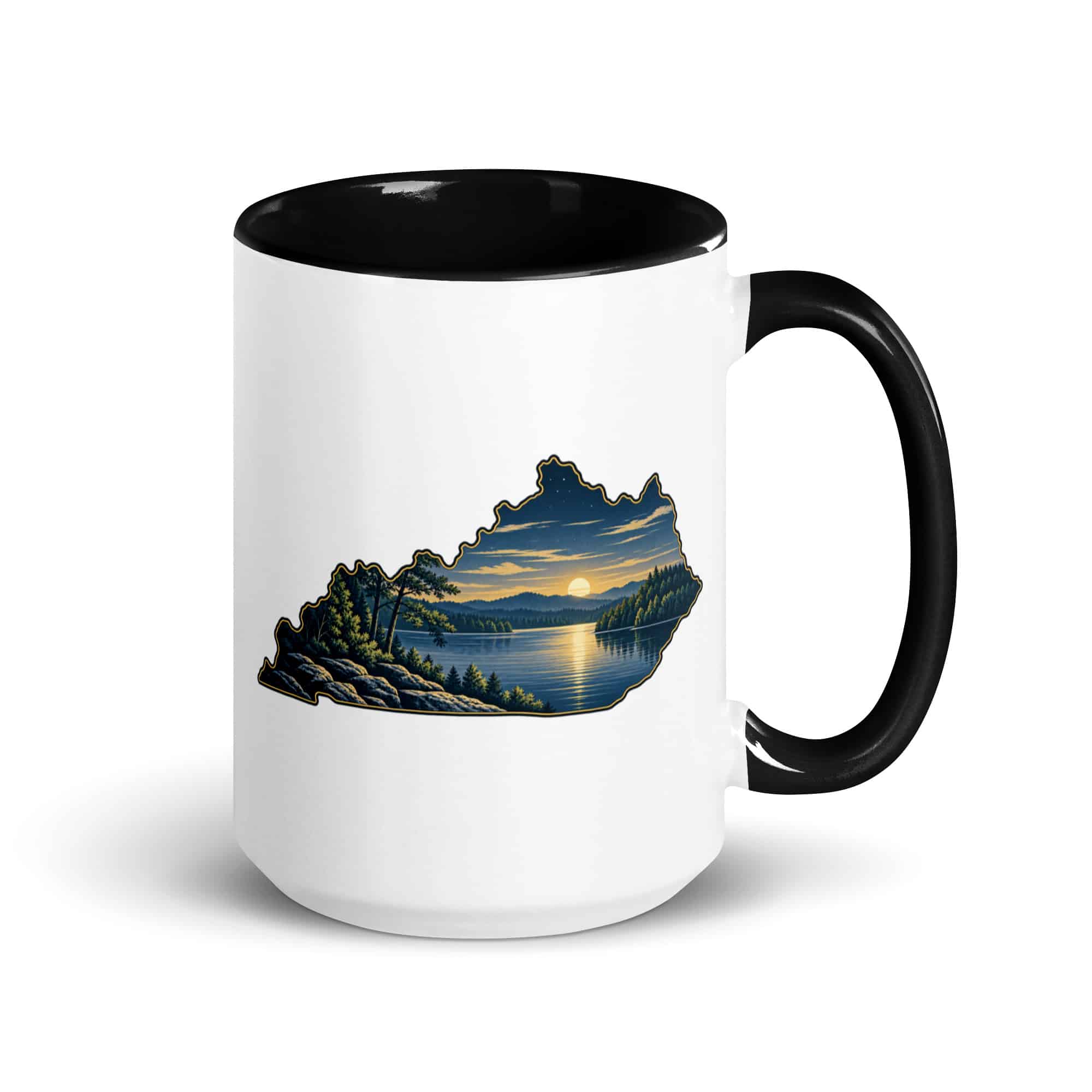 Kentucky Color Inside Coffee Mug: Lake with wooded shoreline, Illustrated Kentucky Silhouette