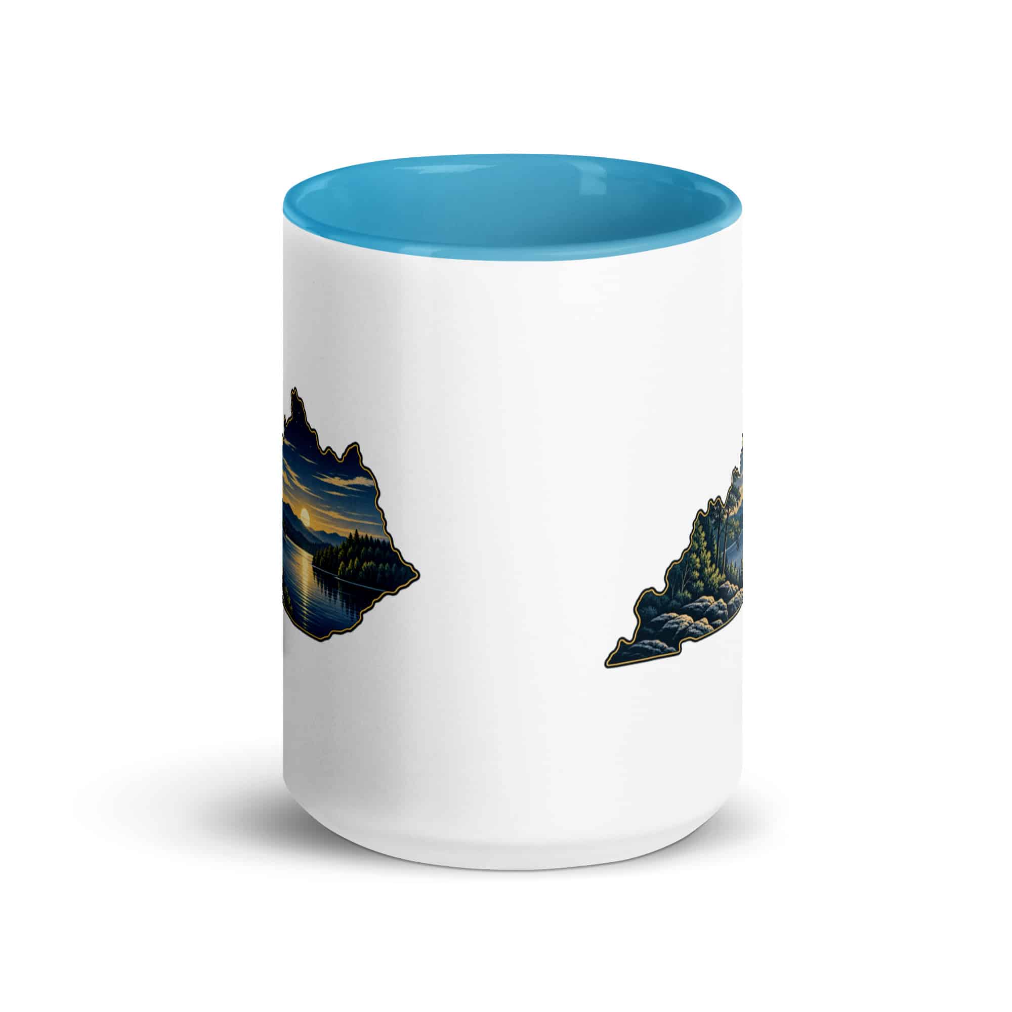 Kentucky Color Inside Coffee Mug: Lake with wooded shoreline, Illustrated Kentucky Silhouette