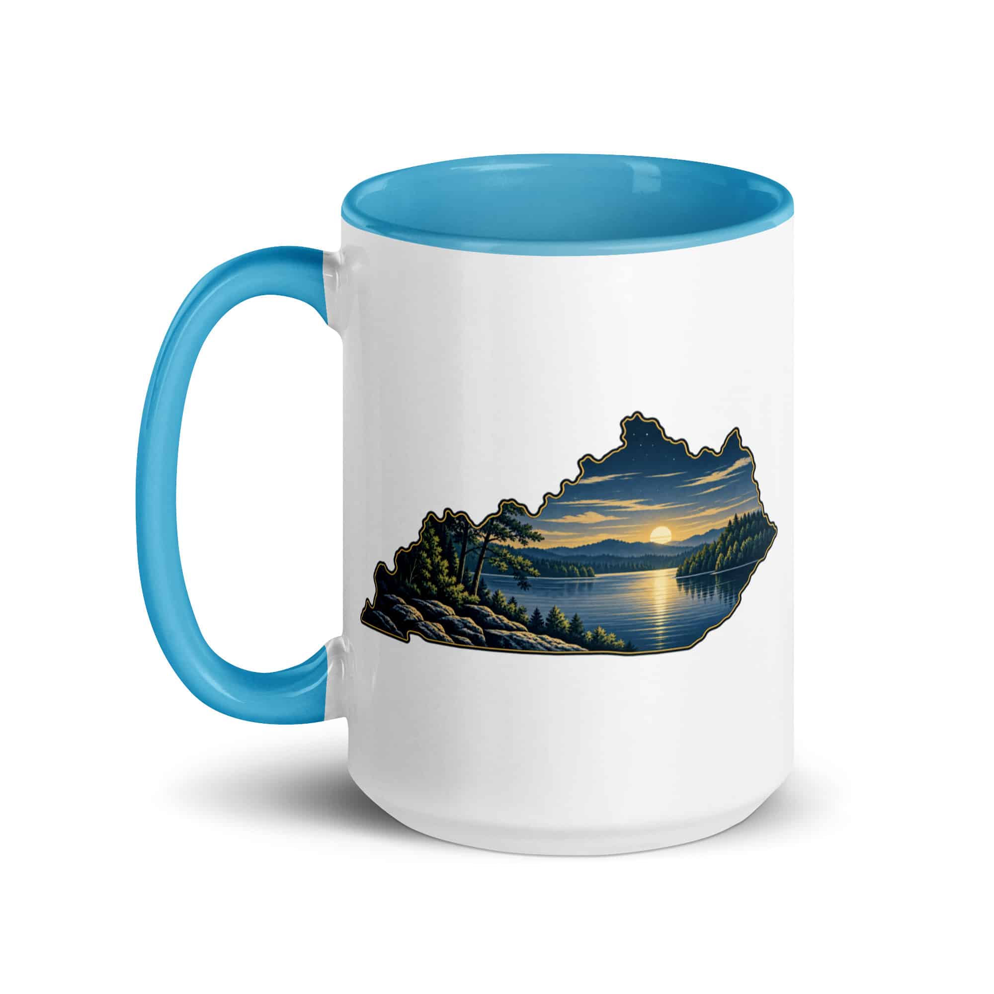 Kentucky Color Inside Coffee Mug: Lake with wooded shoreline, Illustrated Kentucky Silhouette