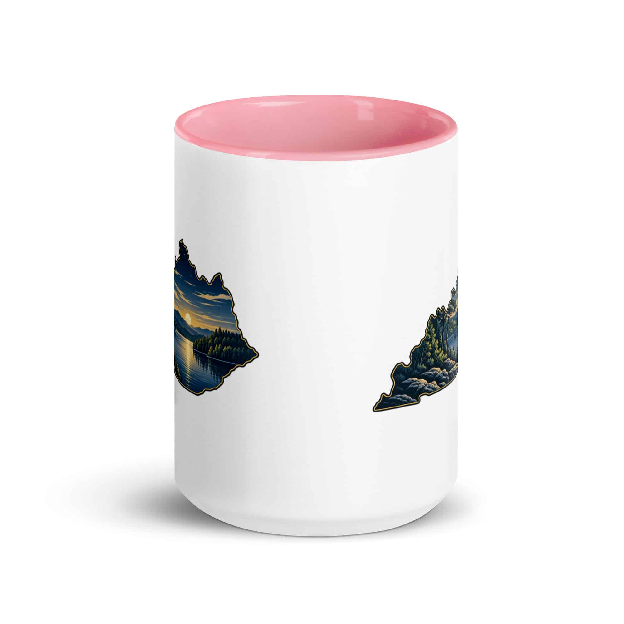 Kentucky Color Inside Coffee Mug: Lake with wooded shoreline, Illustrated Kentucky Silhouette