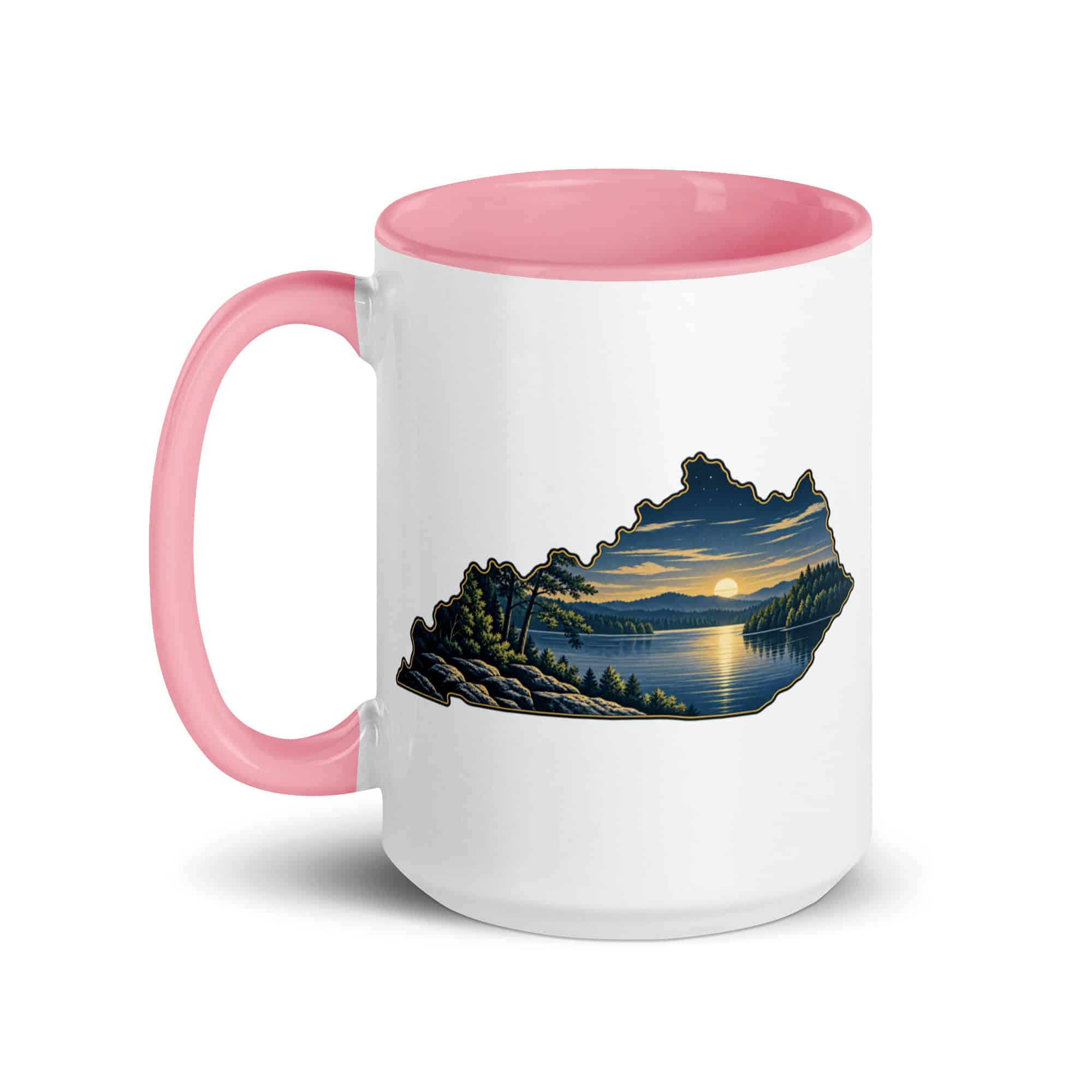 Kentucky Color Inside Coffee Mug: Lake with wooded shoreline, Illustrated Kentucky Silhouette