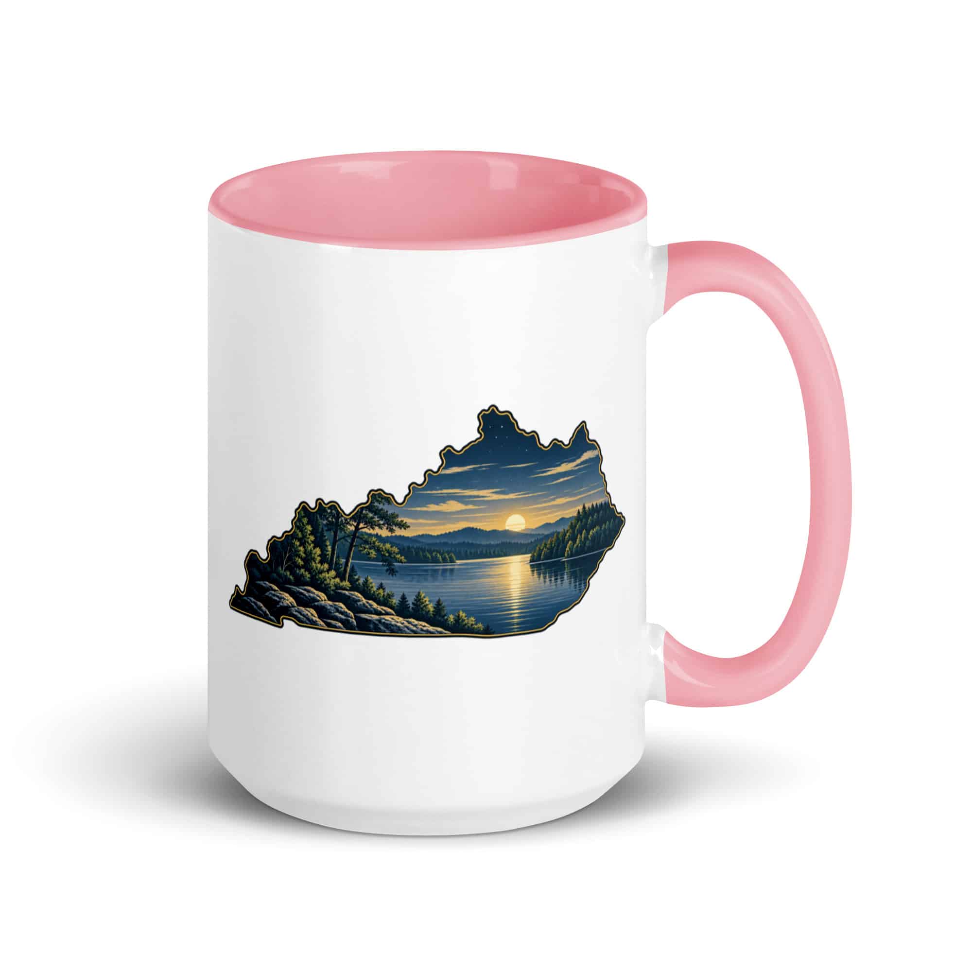 Kentucky Color Inside Coffee Mug: Lake with wooded shoreline, Illustrated Kentucky Silhouette