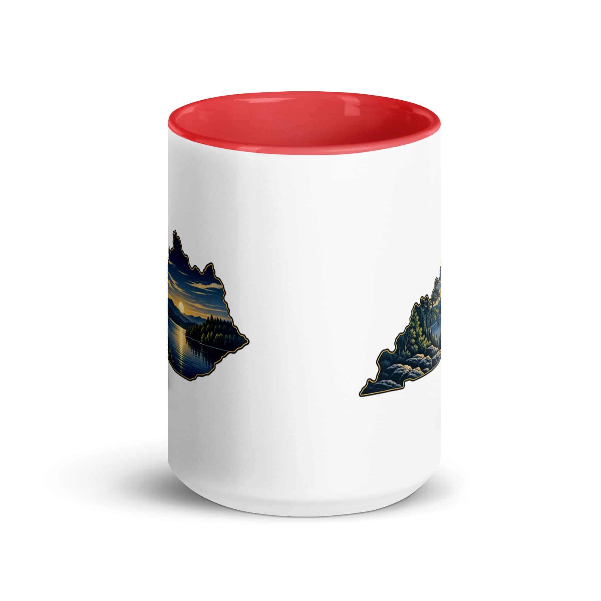 Kentucky Color Inside Coffee Mug: Lake with wooded shoreline, Illustrated Kentucky Silhouette