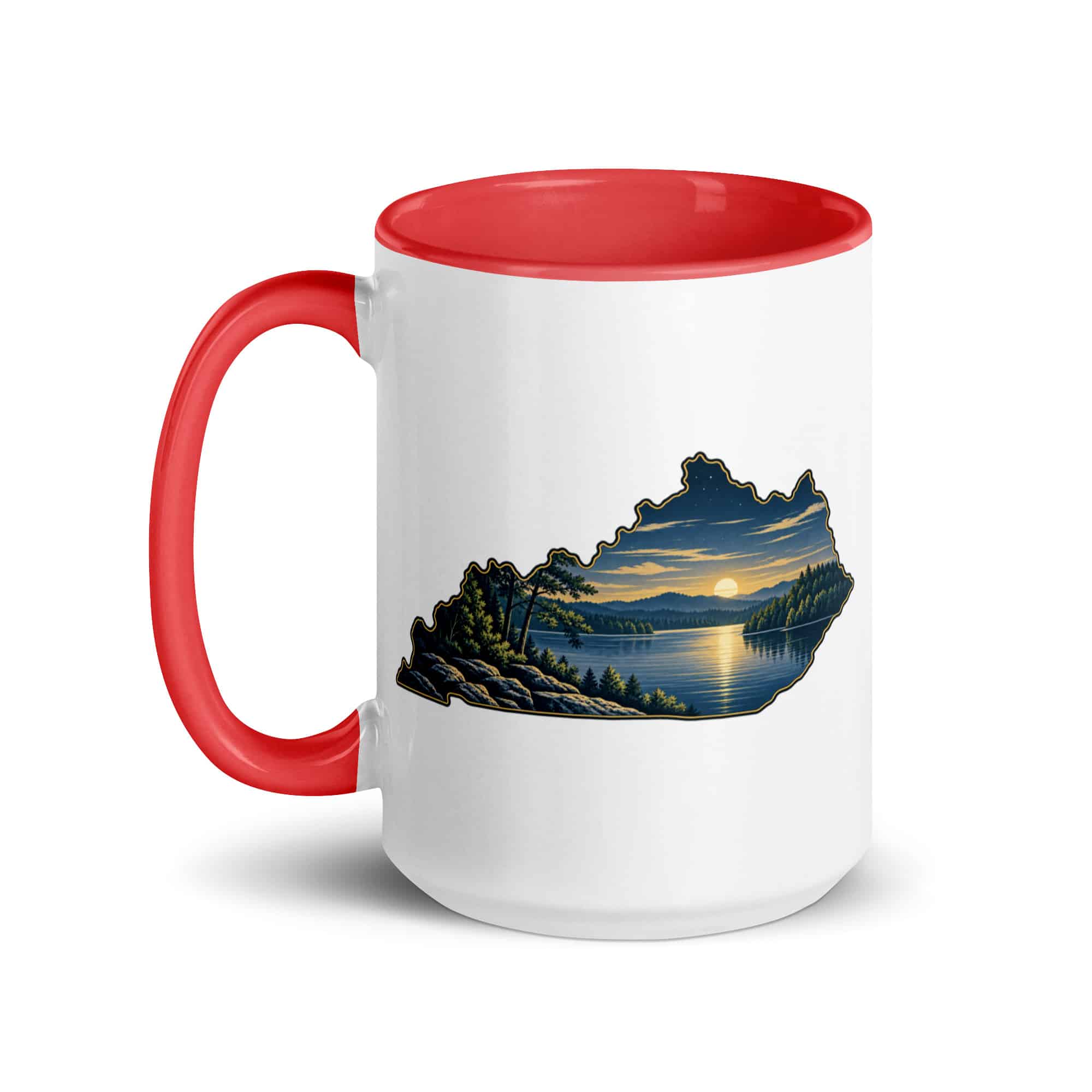 Kentucky Color Inside Coffee Mug: Lake with wooded shoreline, Illustrated Kentucky Silhouette
