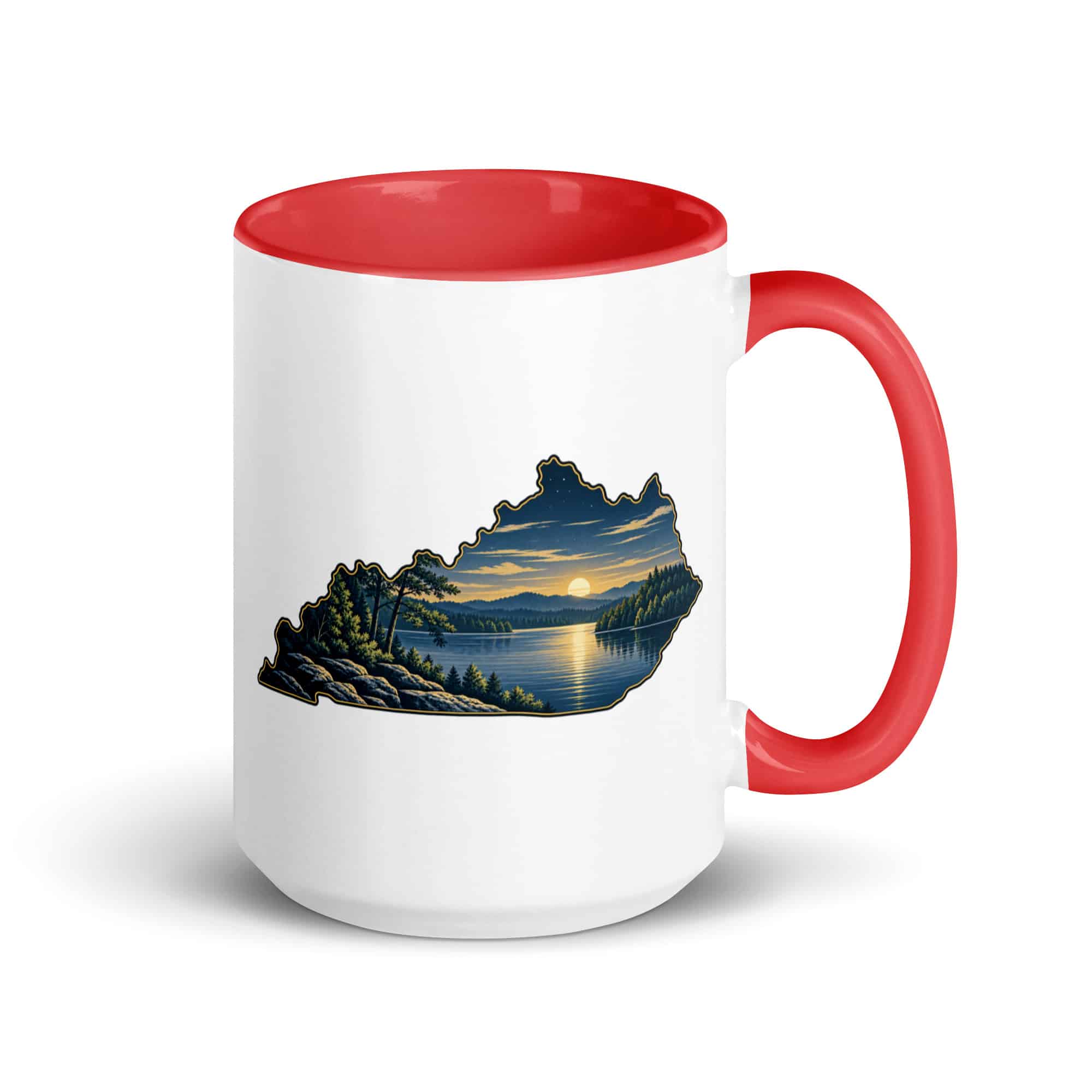 Kentucky Color Inside Coffee Mug: Lake with wooded shoreline, Illustrated Kentucky Silhouette