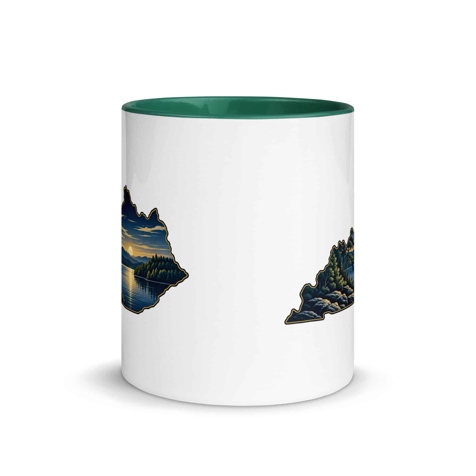 Kentucky Color Inside Coffee Mug: Lake with wooded shoreline, Illustrated Kentucky Silhouette