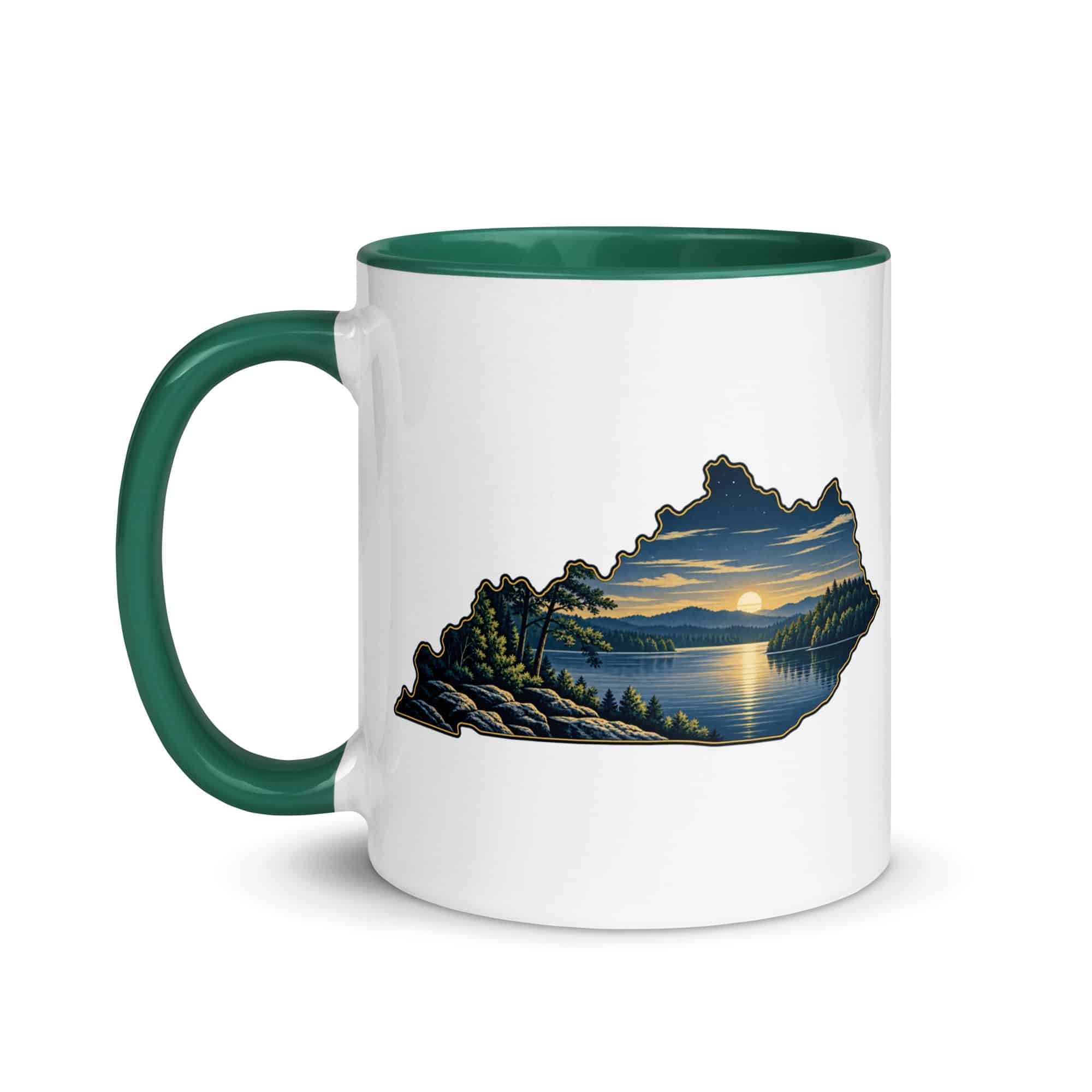 Kentucky Color Inside Coffee Mug: Lake with wooded shoreline, Illustrated Kentucky Silhouette