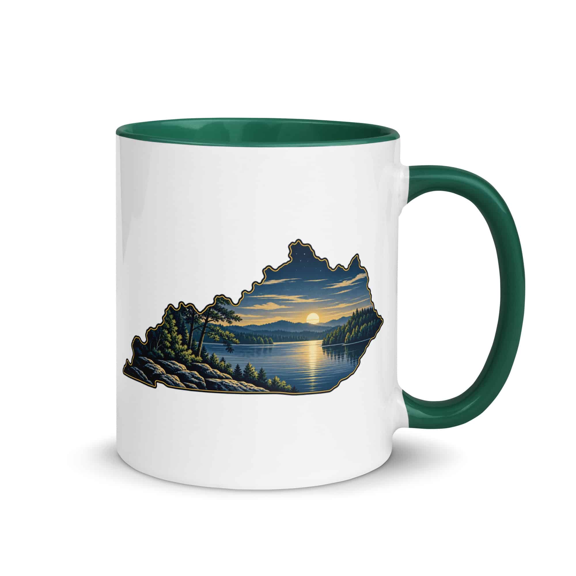 Kentucky Color Inside Coffee Mug: Lake with wooded shoreline, Illustrated Kentucky Silhouette