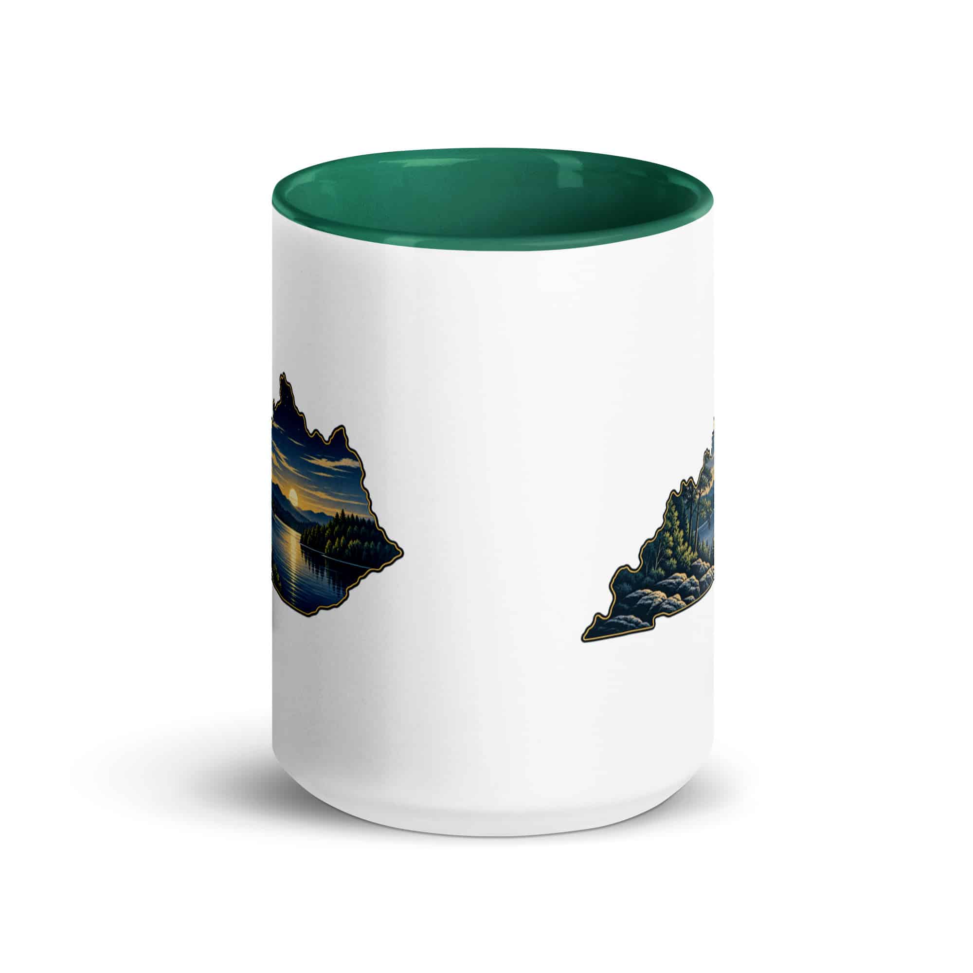 Kentucky Color Inside Coffee Mug: Lake with wooded shoreline, Illustrated Kentucky Silhouette