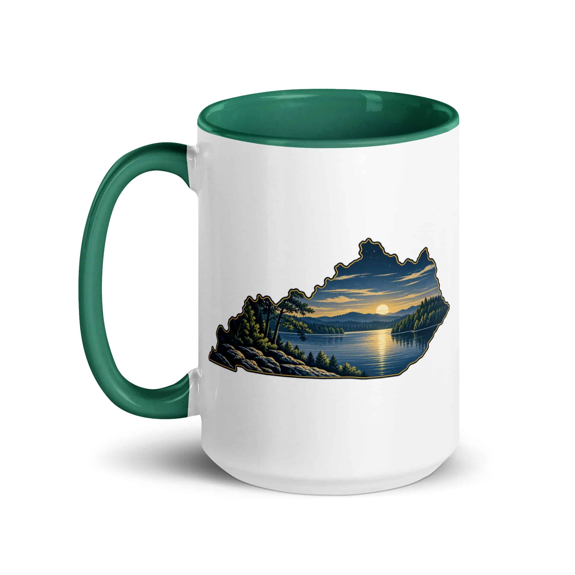 Kentucky Color Inside Coffee Mug: Lake with wooded shoreline, Illustrated Kentucky Silhouette