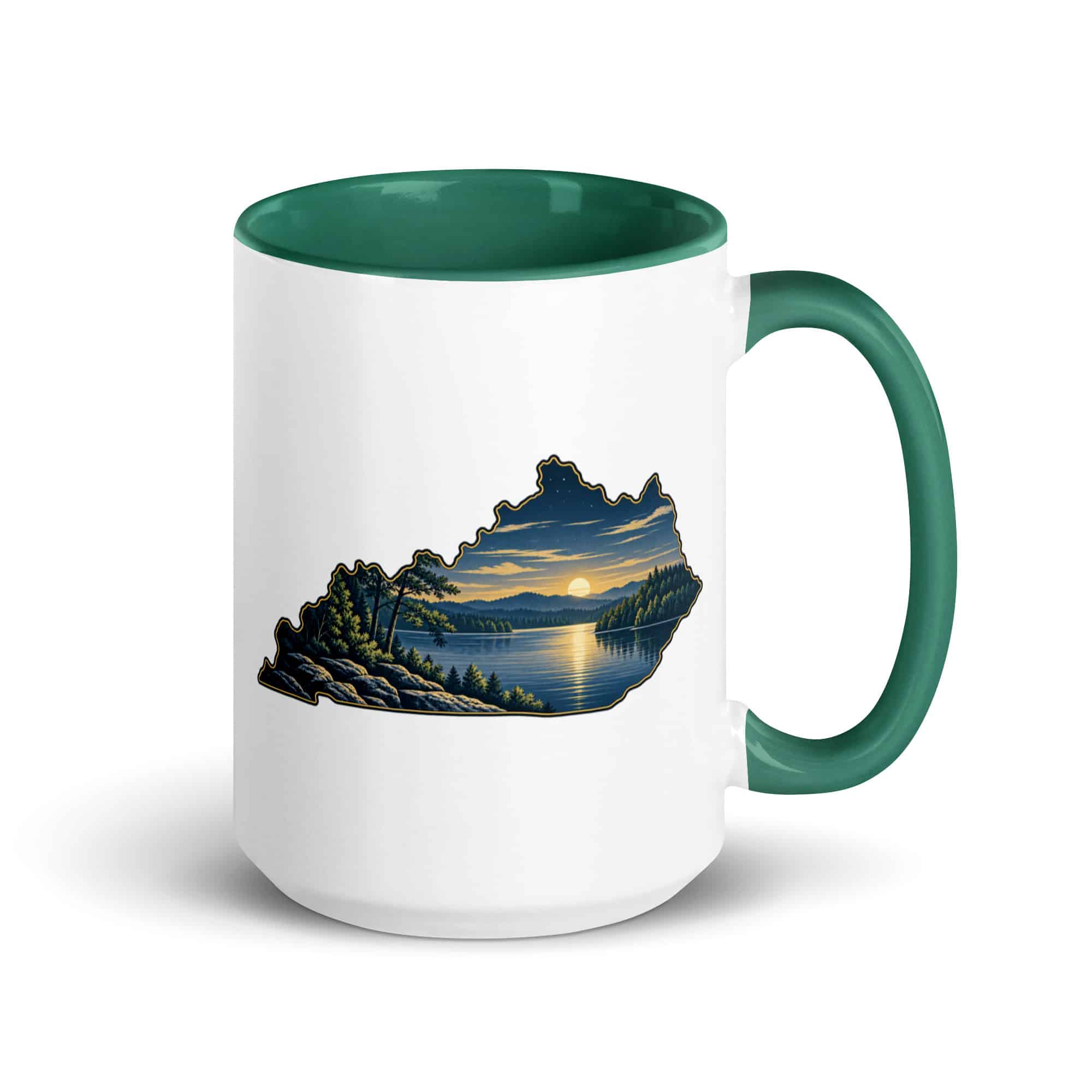 Kentucky Color Inside Coffee Mug: Lake with wooded shoreline, Illustrated Kentucky Silhouette