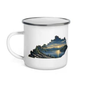 Kentucky Enamel Camp Mug: Lake with wooded shoreline, Illustrated Kentucky Silhouette - 12 oz - Left