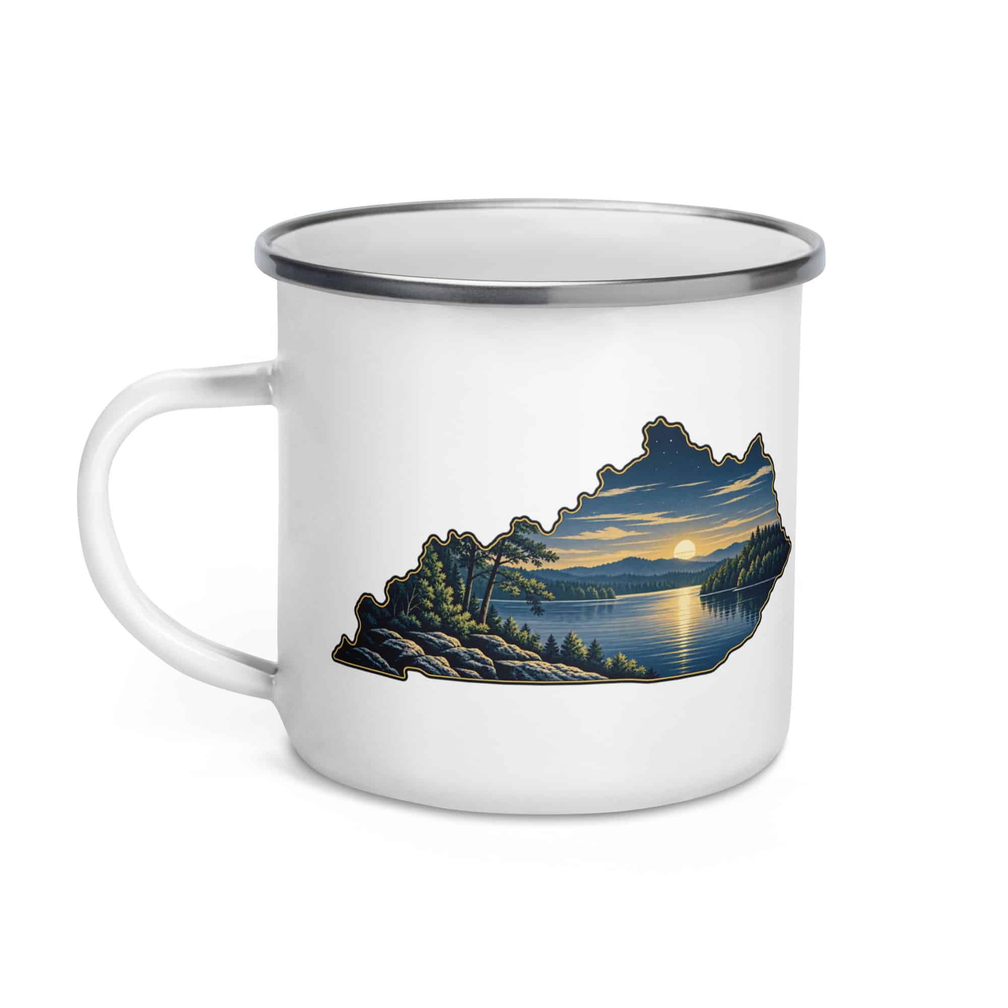 Kentucky Enamel Camp Mug: Lake with wooded shoreline, Illustrated Kentucky Silhouette