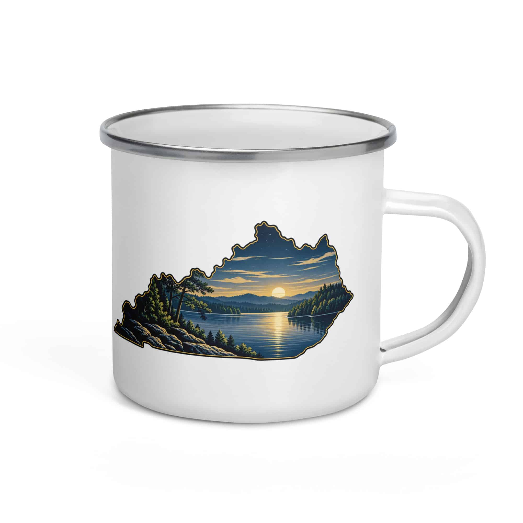 Kentucky Enamel Camp Mug: Lake with wooded shoreline, Illustrated Kentucky Silhouette