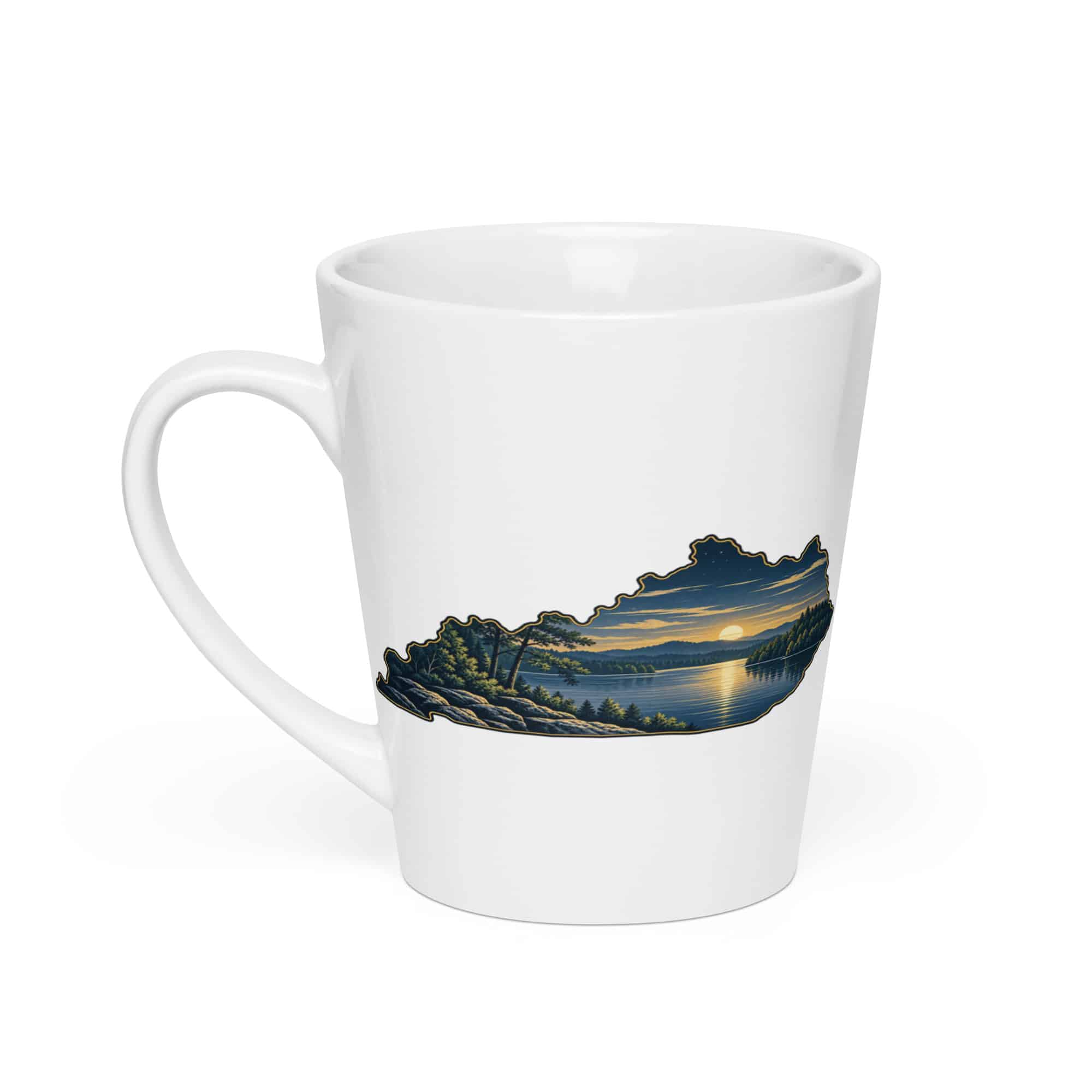 Kentucky Latte Mug: Lake with wooded shoreline, Illustrated Kentucky Silhouette