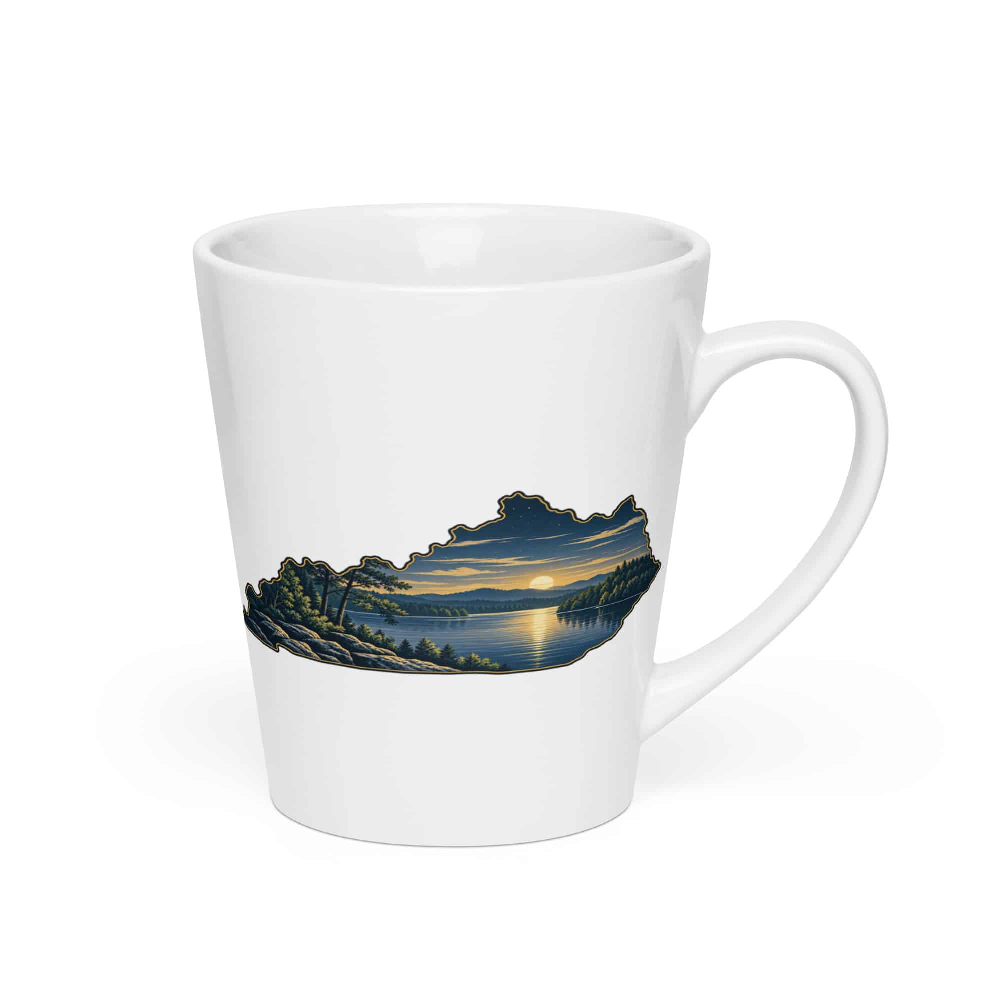 Kentucky Latte Mug: Lake with wooded shoreline, Illustrated Kentucky Silhouette