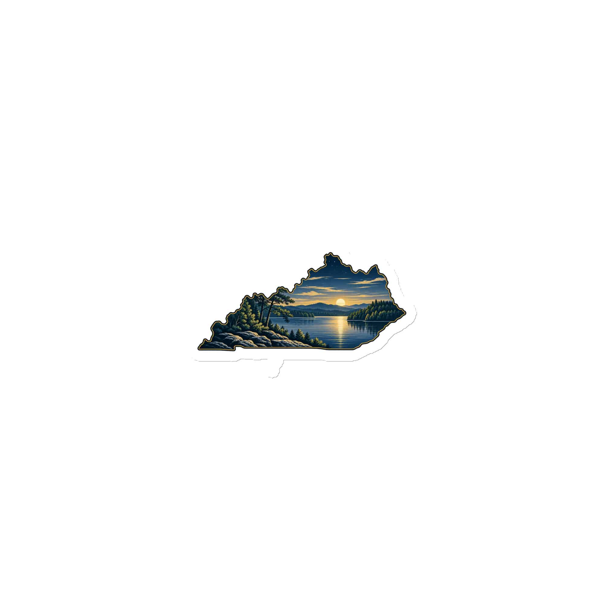 Kentucky Die-Cut Magnet: Lake with wooded shoreline, Illustrated Kentucky Silhouette