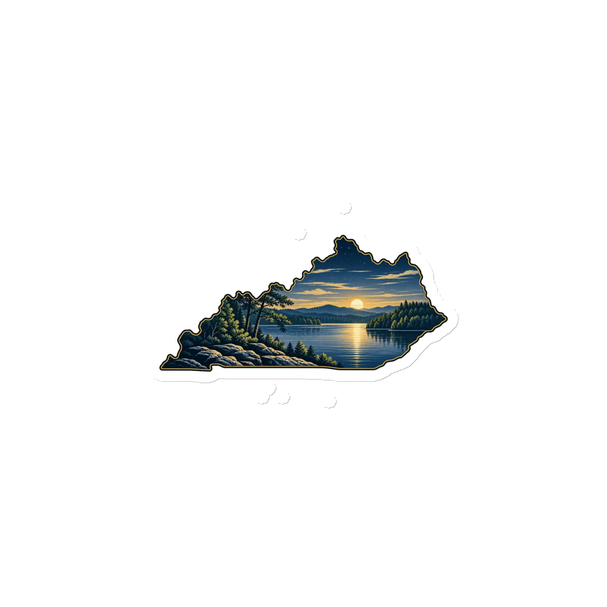 Kentucky Die-Cut Magnet: Lake with wooded shoreline, Illustrated Kentucky Silhouette