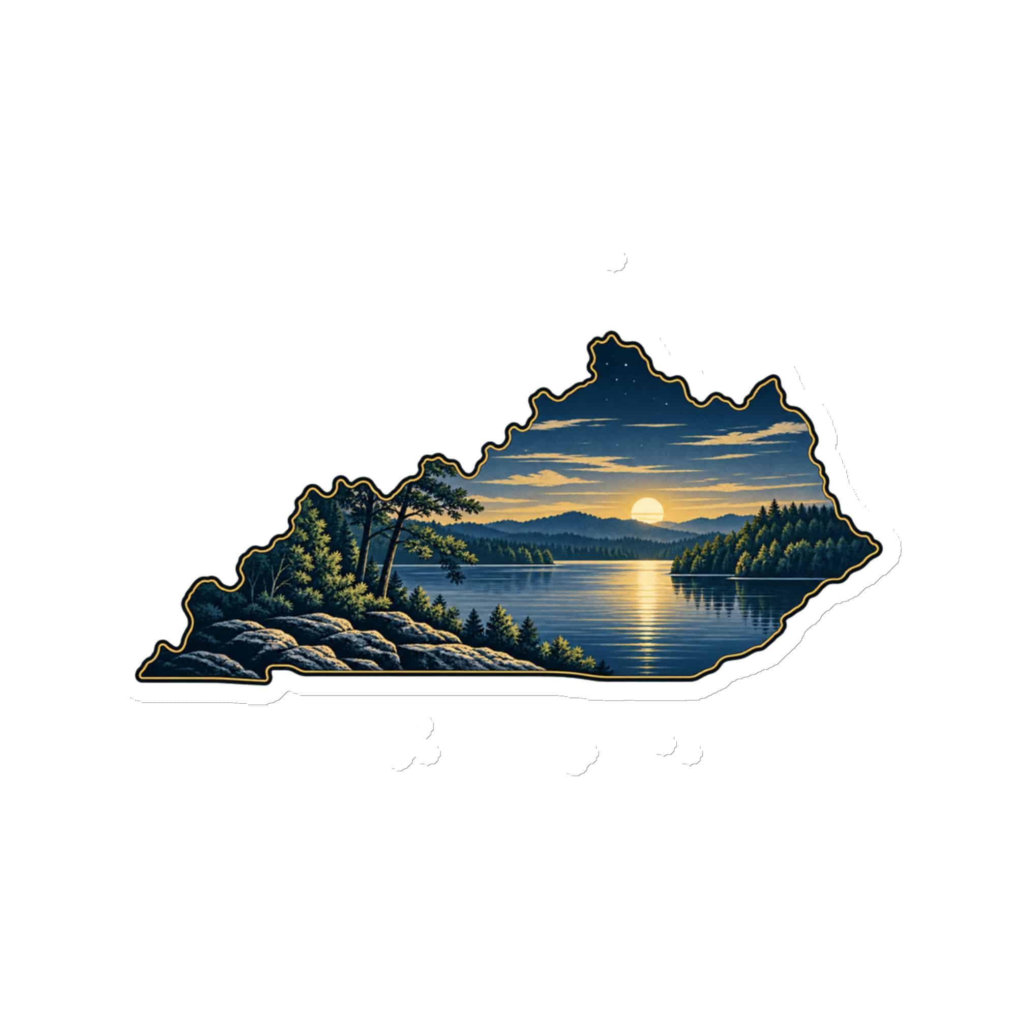 Kentucky Die-Cut Magnet: Lake with wooded shoreline, Illustrated Kentucky Silhouette