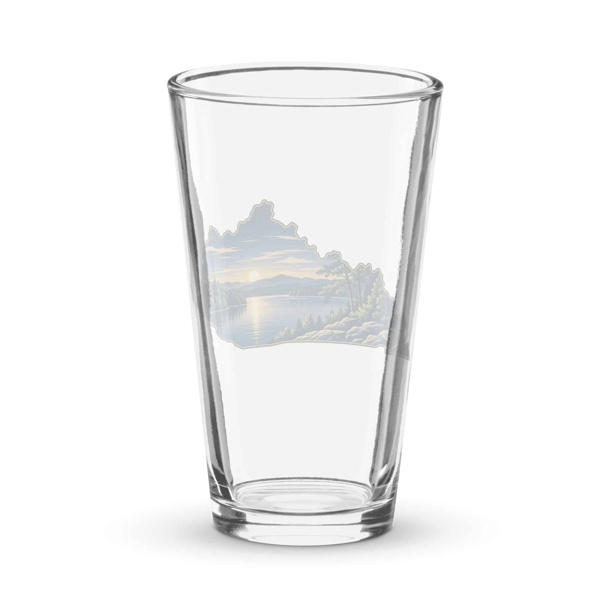 Kentucky Pint Glass: Lake with wooded shoreline, Illustrated Kentucky Silhouette