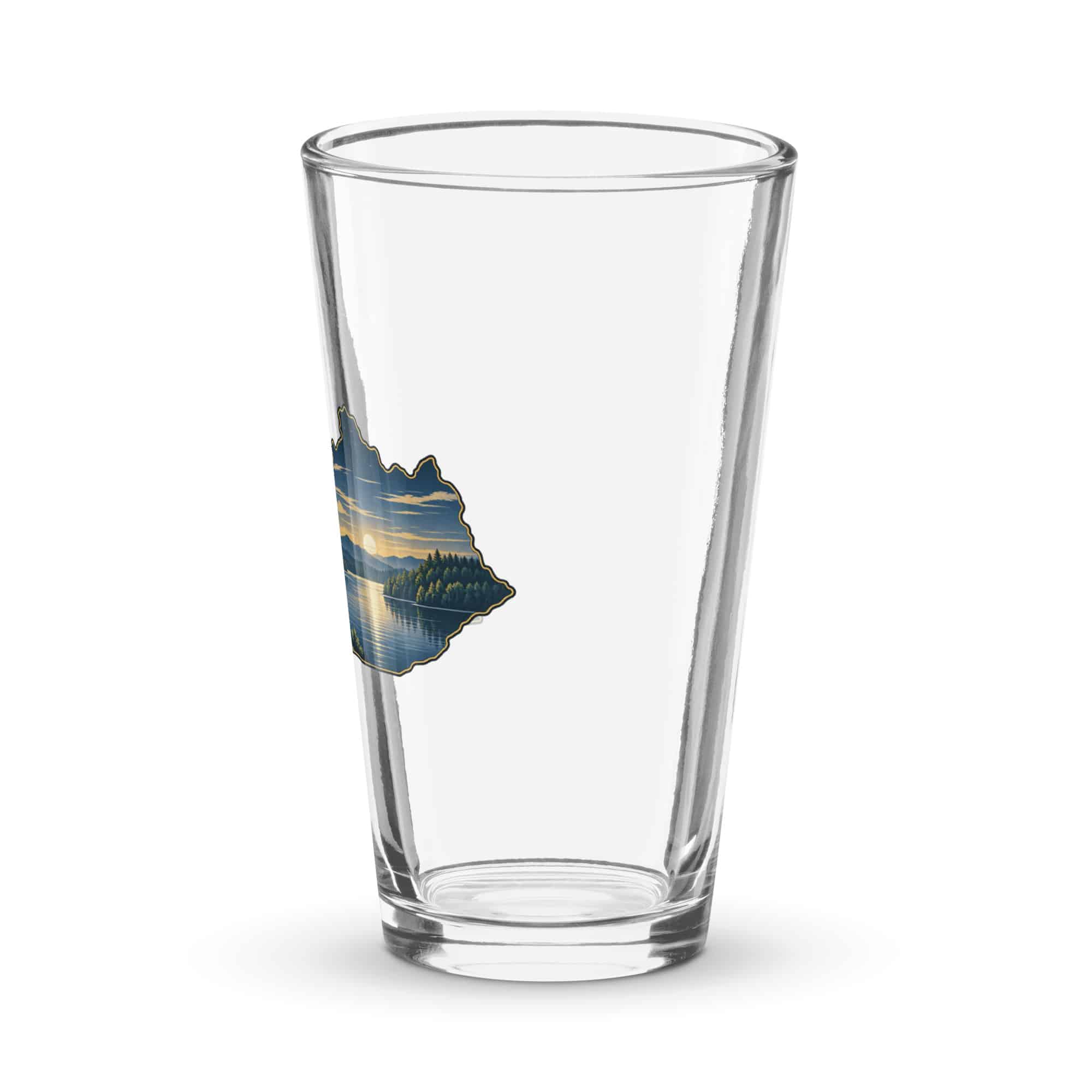 Kentucky Pint Glass: Lake with wooded shoreline, Illustrated Kentucky Silhouette