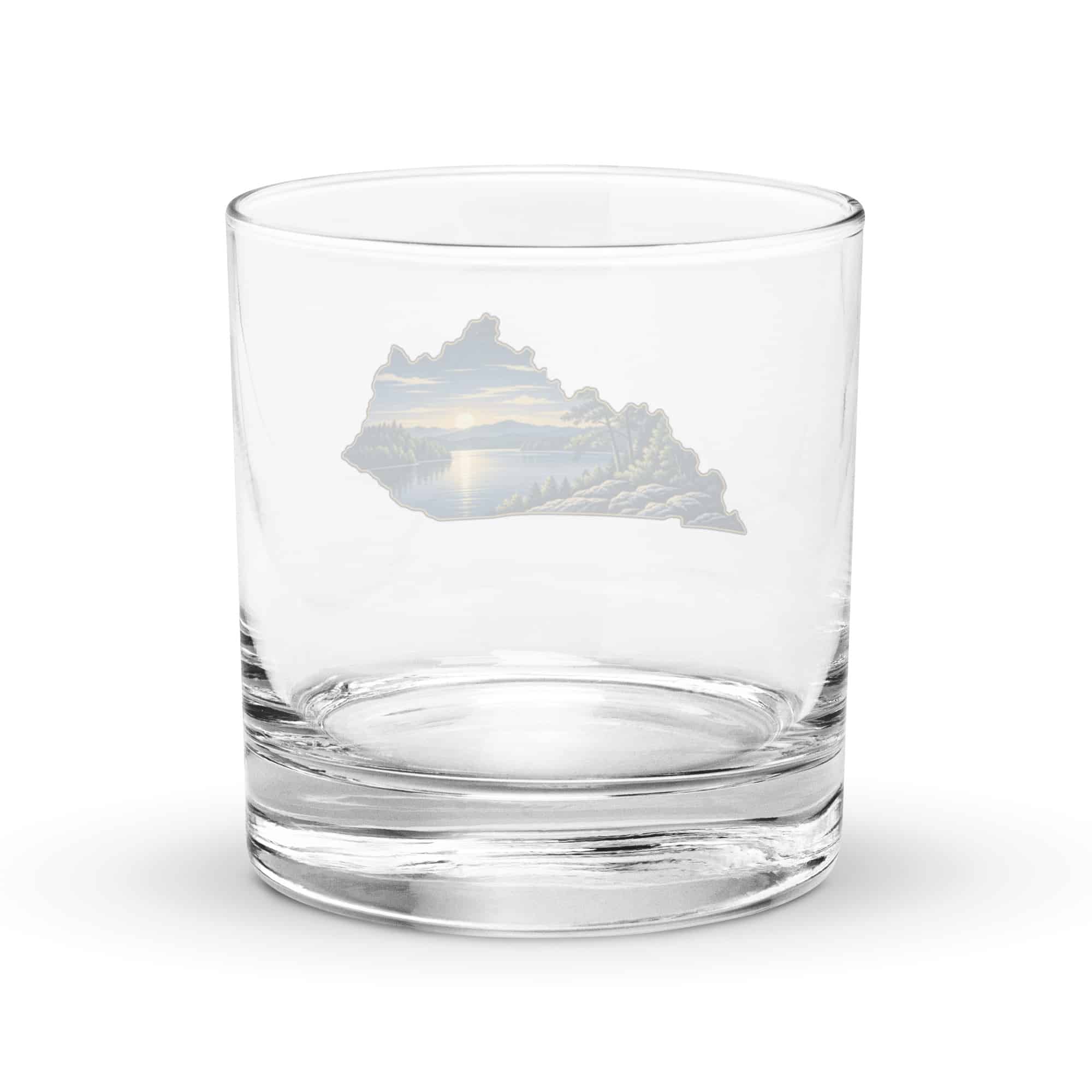 Kentucky Rocks Glass: Lake with wooded shoreline, Illustrated Kentucky Silhouette