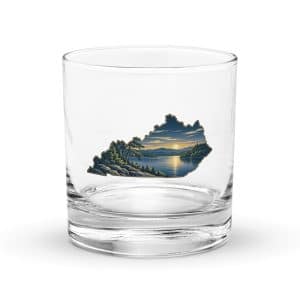 Kentucky Rocks Glass: Lake with wooded shoreline, Illustrated Kentucky Silhouette - 10.5 oz - Main