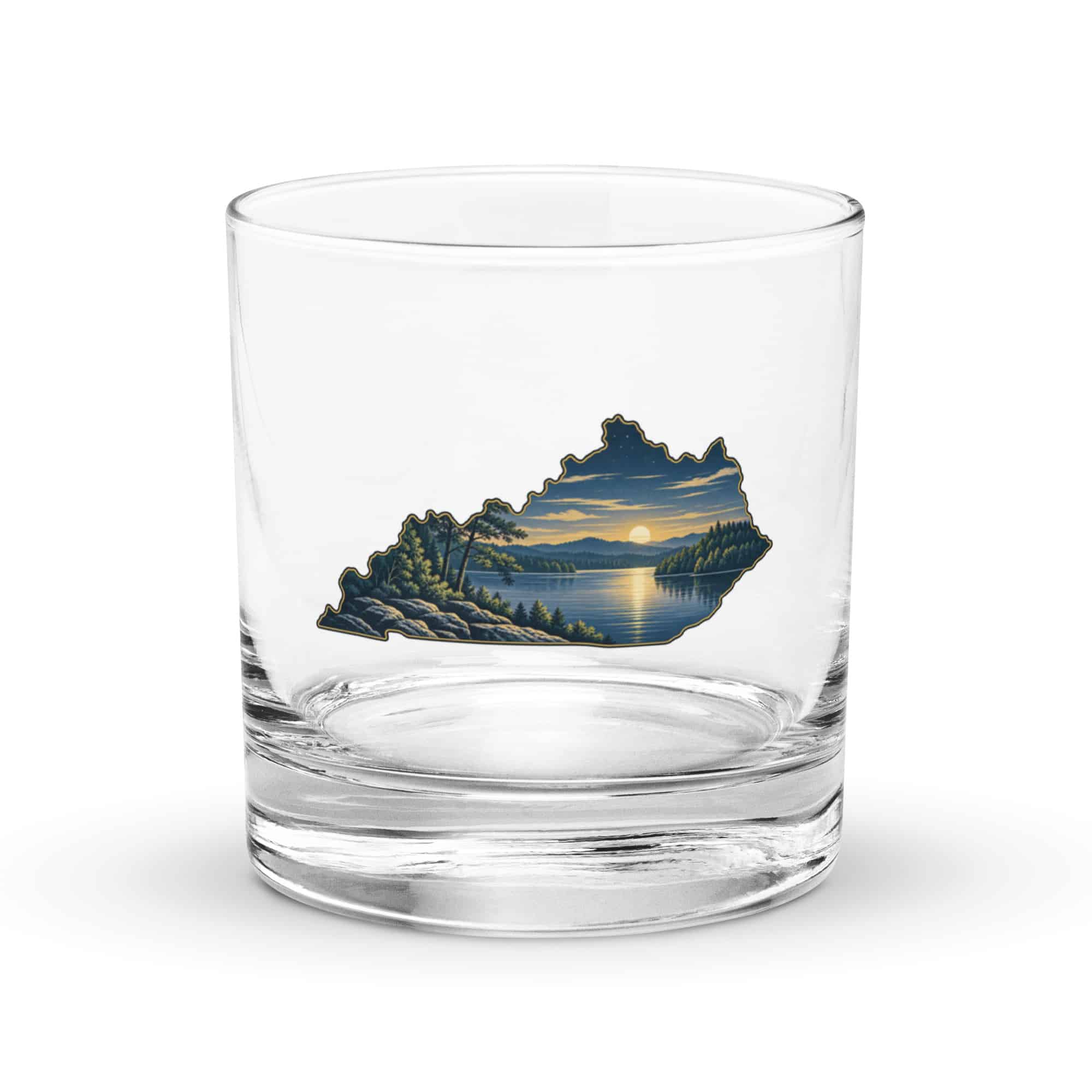 Kentucky Rocks Glass: Lake with wooded shoreline, Illustrated Kentucky Silhouette