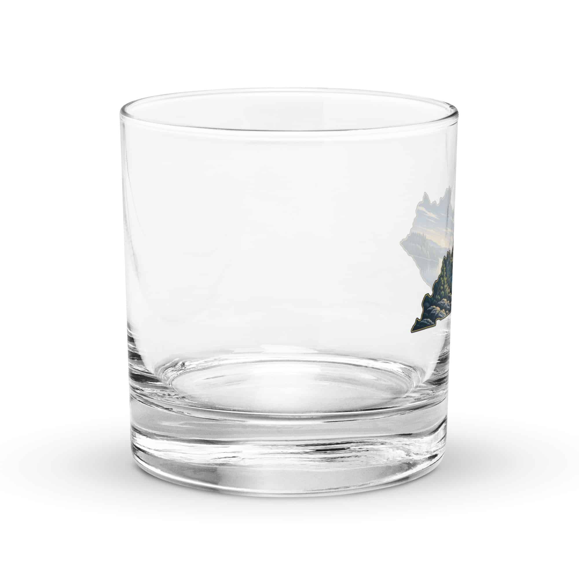 Kentucky Rocks Glass: Lake with wooded shoreline, Illustrated Kentucky Silhouette