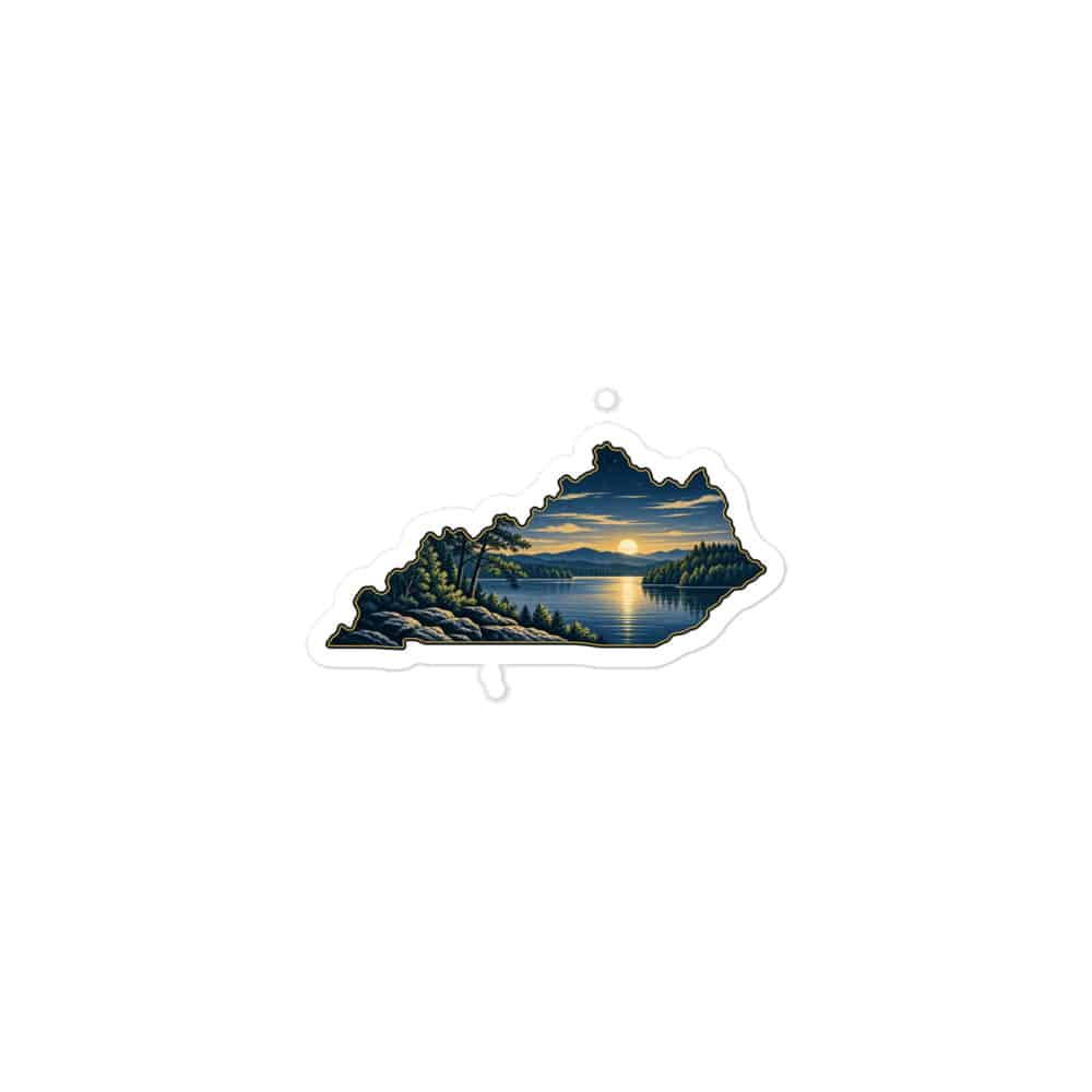 Kentucky Vinyl Sticker: Lake with wooded shoreline, Illustrated Kentucky Silhouette