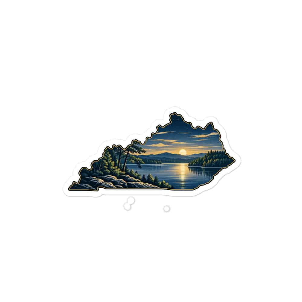 Kentucky Vinyl Sticker: Lake with wooded shoreline, Illustrated Kentucky Silhouette