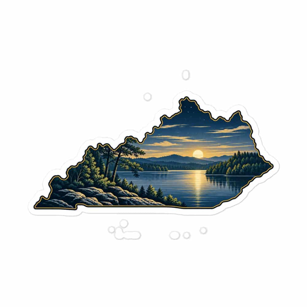 Kentucky Vinyl Sticker: Lake with wooded shoreline, Illustrated Kentucky Silhouette