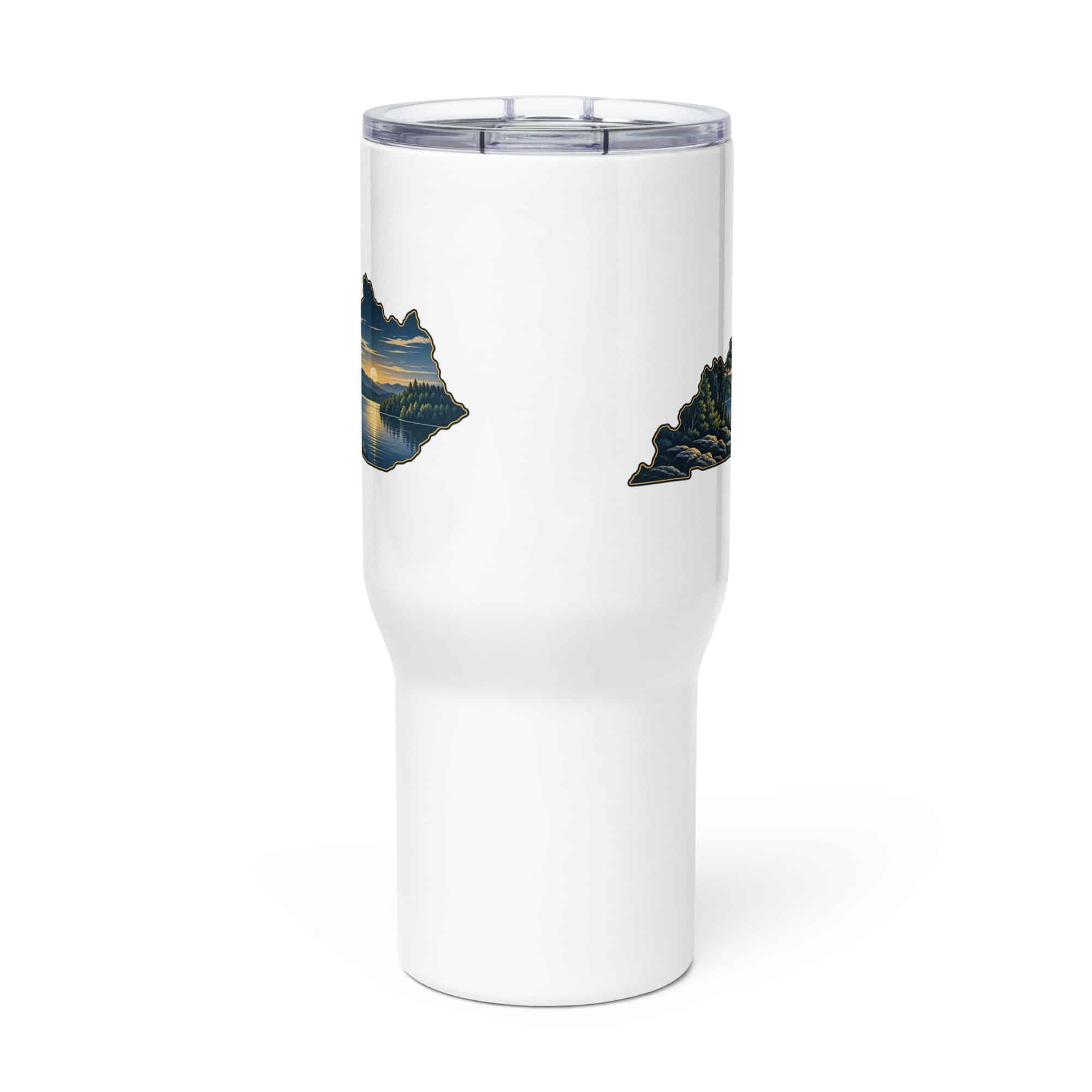 Kentucky Travel Mug: Lake with wooded shoreline, Illustrated Kentucky Silhouette