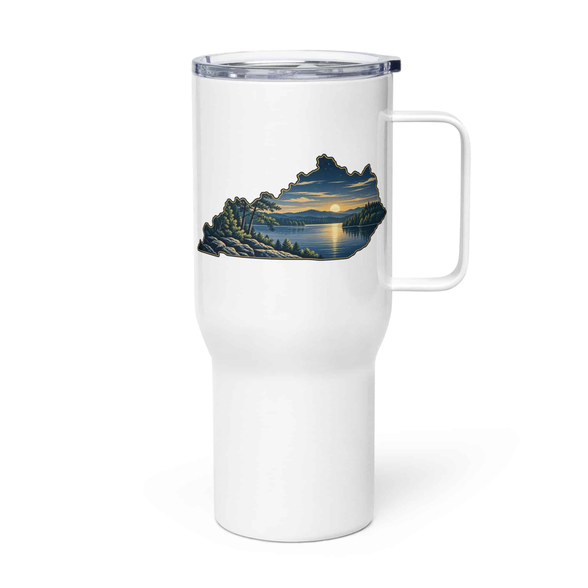 Kentucky Travel Mug: Lake with wooded shoreline, Illustrated Kentucky Silhouette
