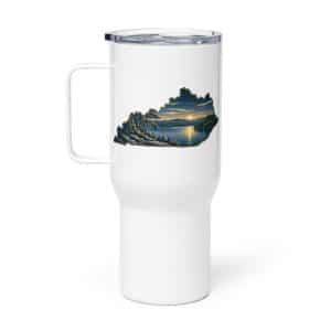 Kentucky Travel Mug: Lake with wooded shoreline, Illustrated Kentucky Silhouette - 25 oz - Main