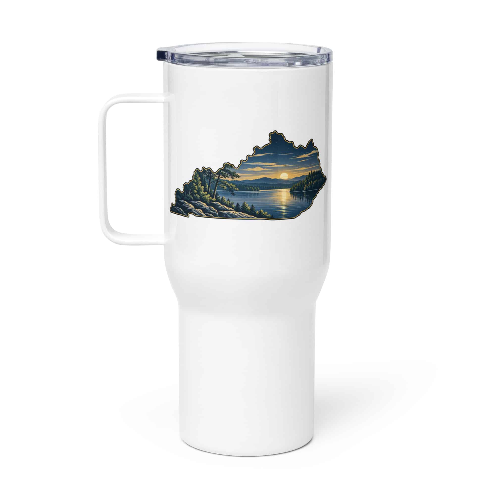 Kentucky Travel Mug: Lake with wooded shoreline, Illustrated Kentucky Silhouette