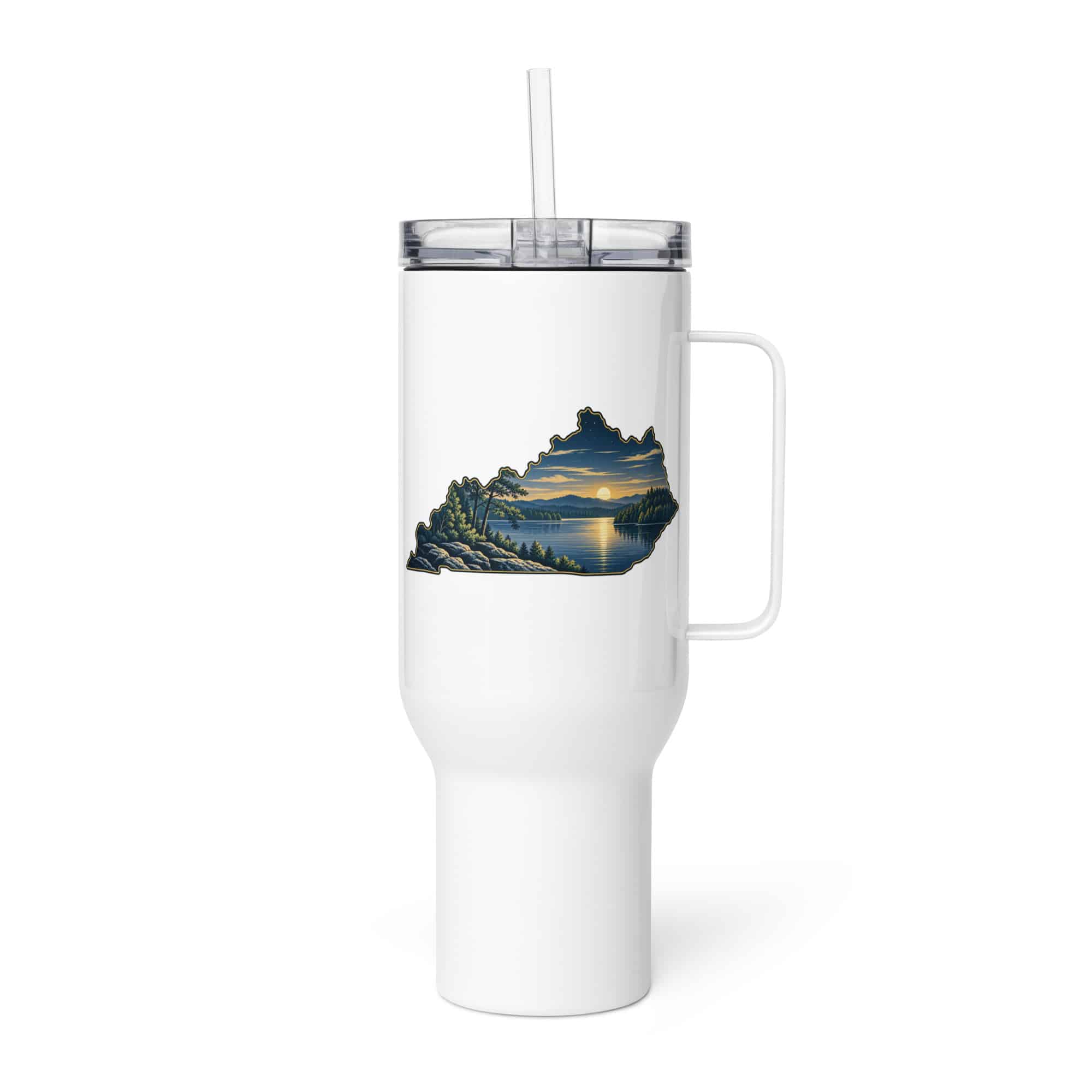 Kentucky Travel Mug: Lake with wooded shoreline, Illustrated Kentucky Silhouette