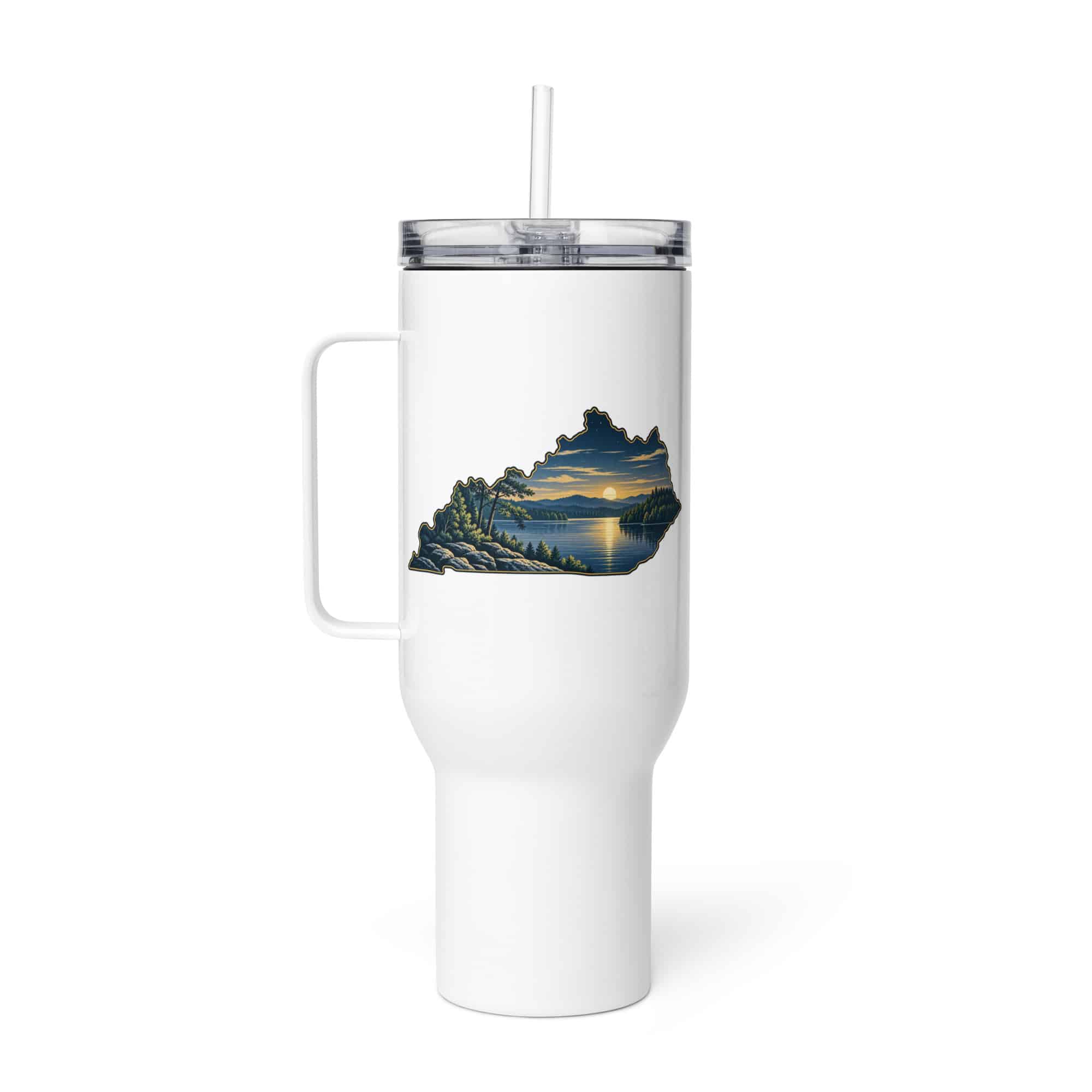 Kentucky Travel Mug: Lake with wooded shoreline, Illustrated Kentucky Silhouette