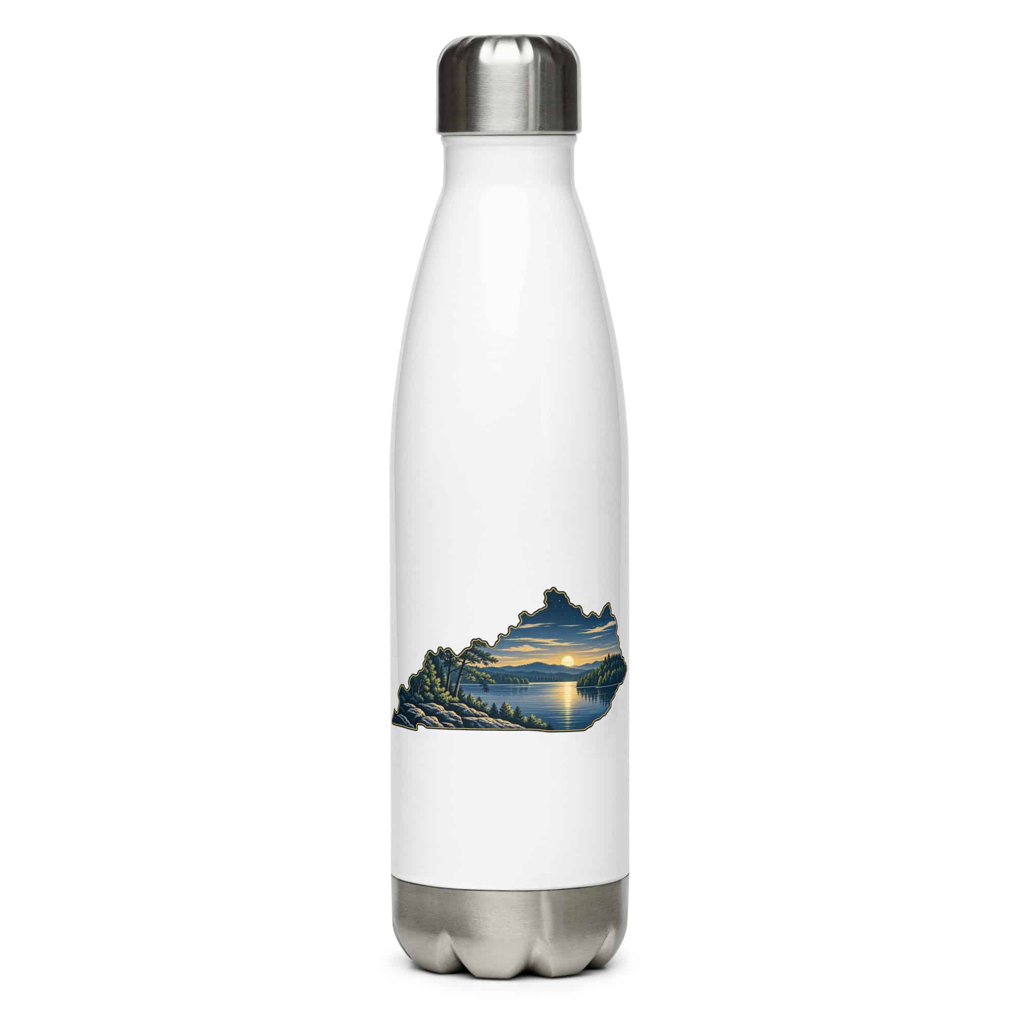 Kentucky Stainless Steel Water Bottle: Lake with wooded shoreline, Illustrated Kentucky Silhouette
