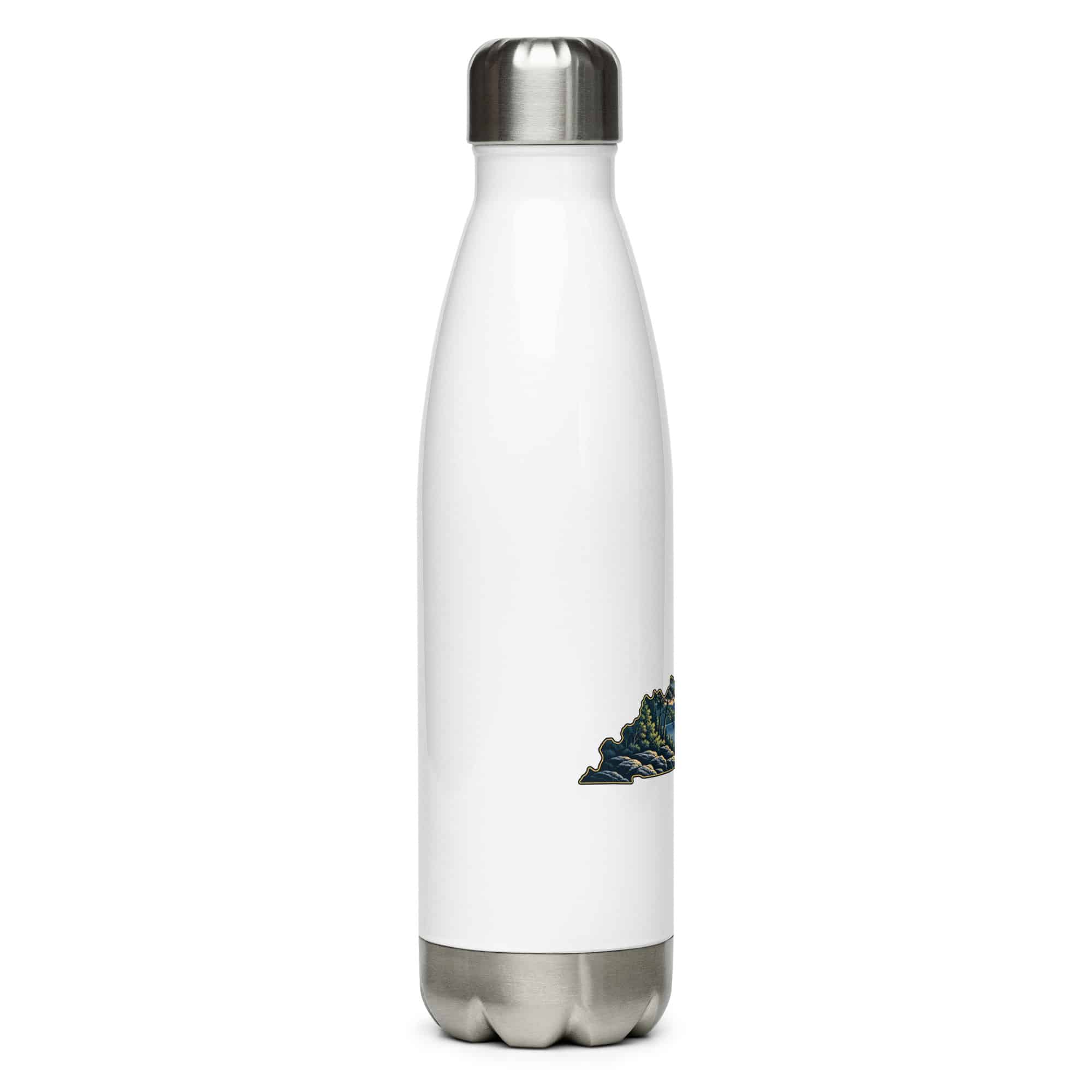 Kentucky Stainless Steel Water Bottle: Lake with wooded shoreline, Illustrated Kentucky Silhouette