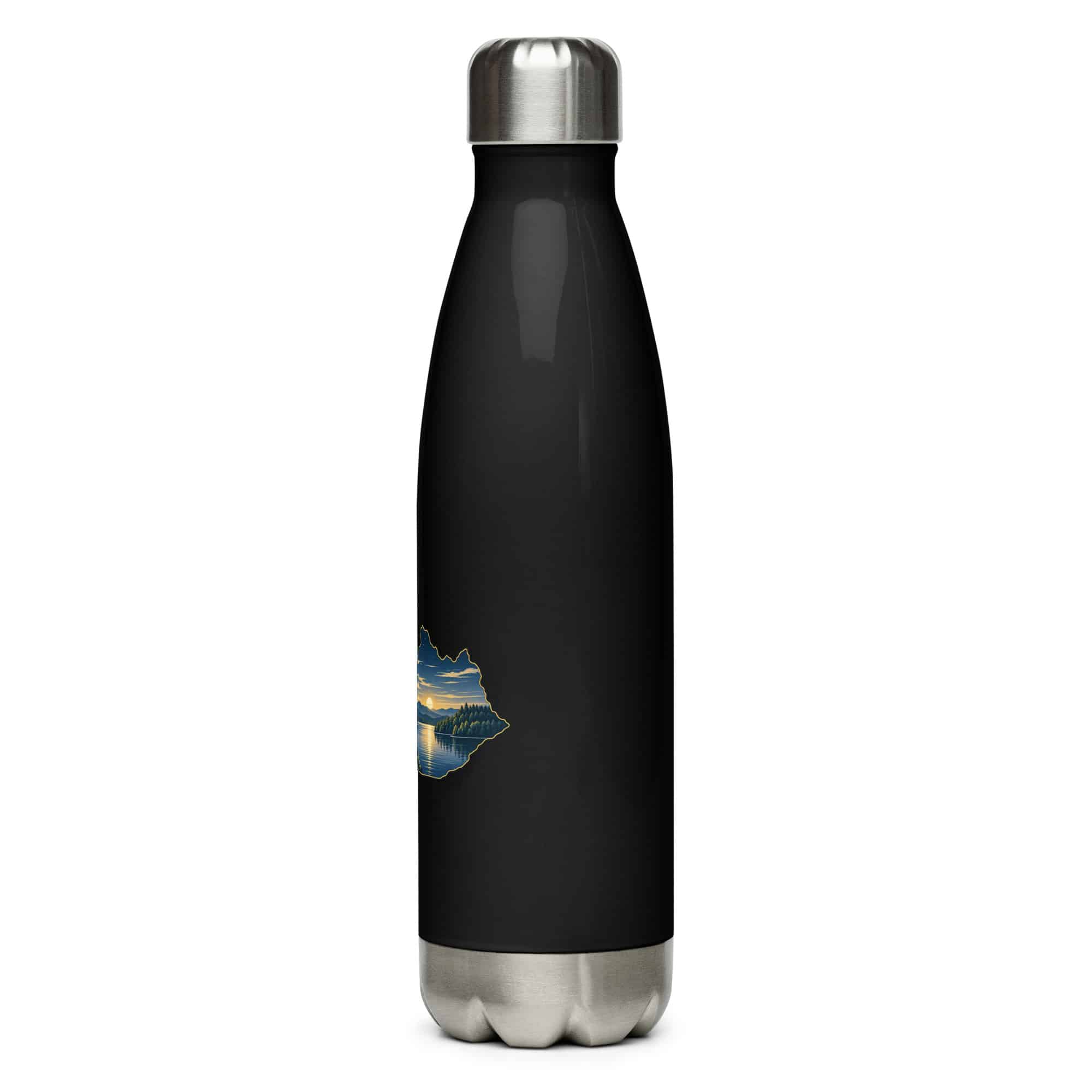 Kentucky Stainless Steel Water Bottle: Lake with wooded shoreline, Illustrated Kentucky Silhouette