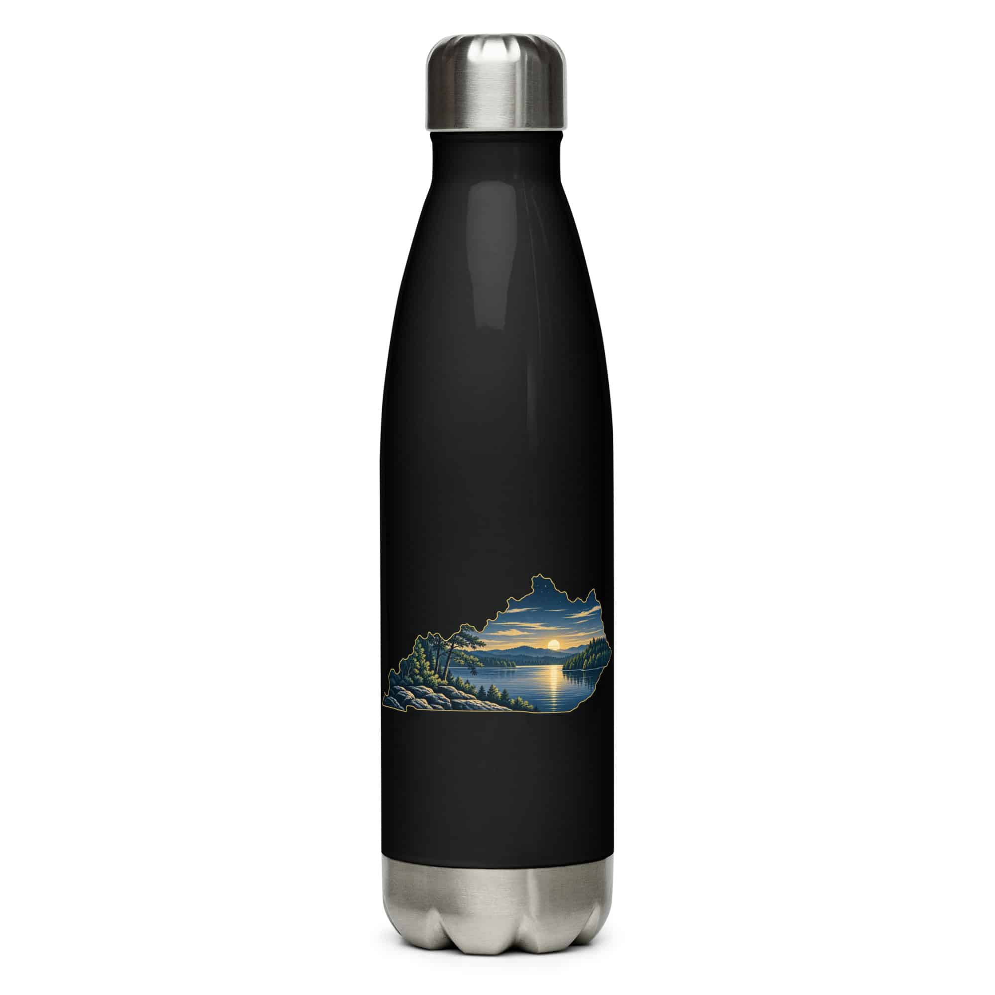 Kentucky Stainless Steel Water Bottle: Lake with wooded shoreline, Illustrated Kentucky Silhouette