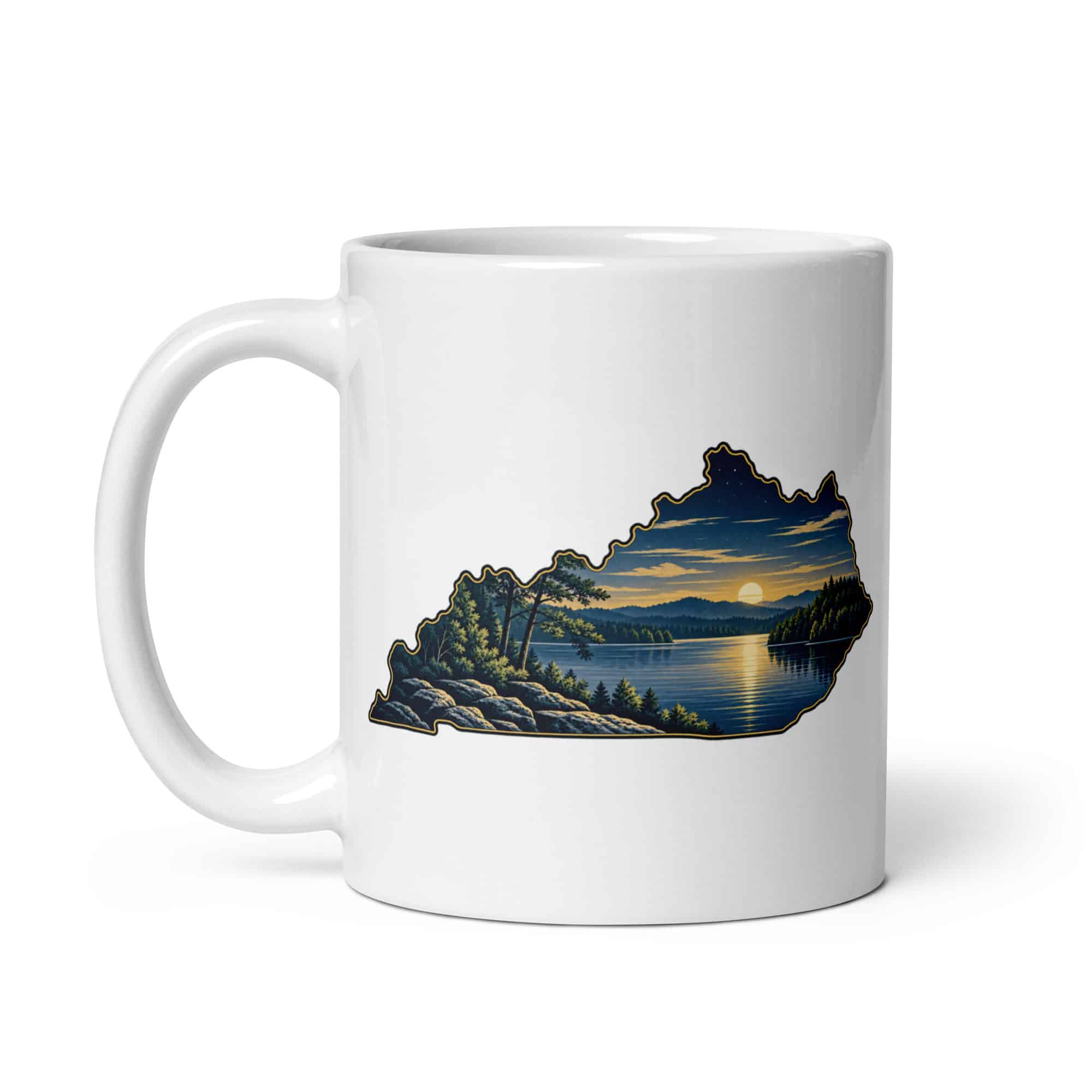 Kentucky White Ceramic Coffee Mug: Lake with wooded shoreline, Illustrated Kentucky Silhouette