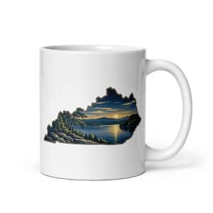 Kentucky White Ceramic Coffee Mug: Lake with wooded shoreline, Illustrated Kentucky Silhouette - 11 oz - Main