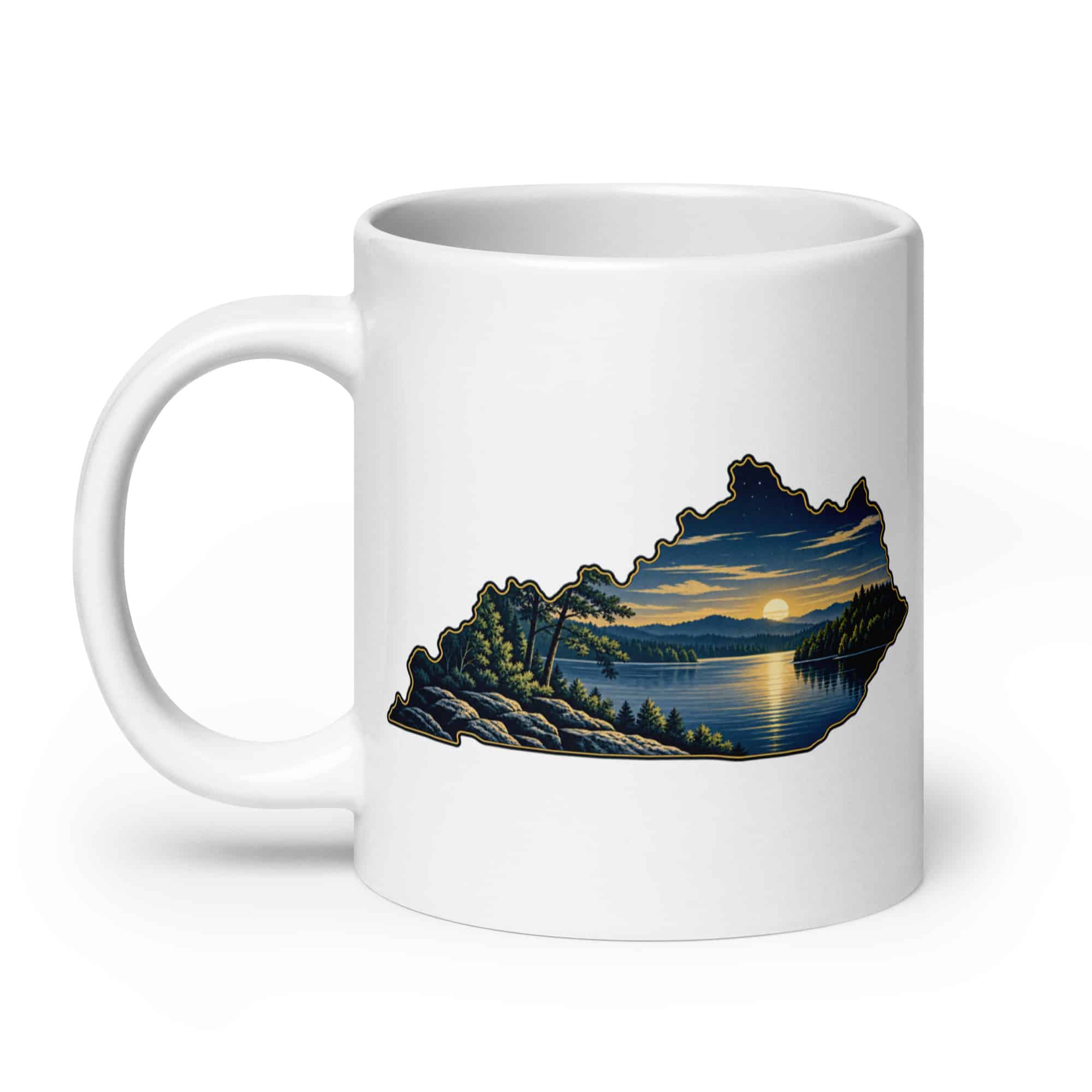 Kentucky White Ceramic Coffee Mug: Lake with wooded shoreline, Illustrated Kentucky Silhouette