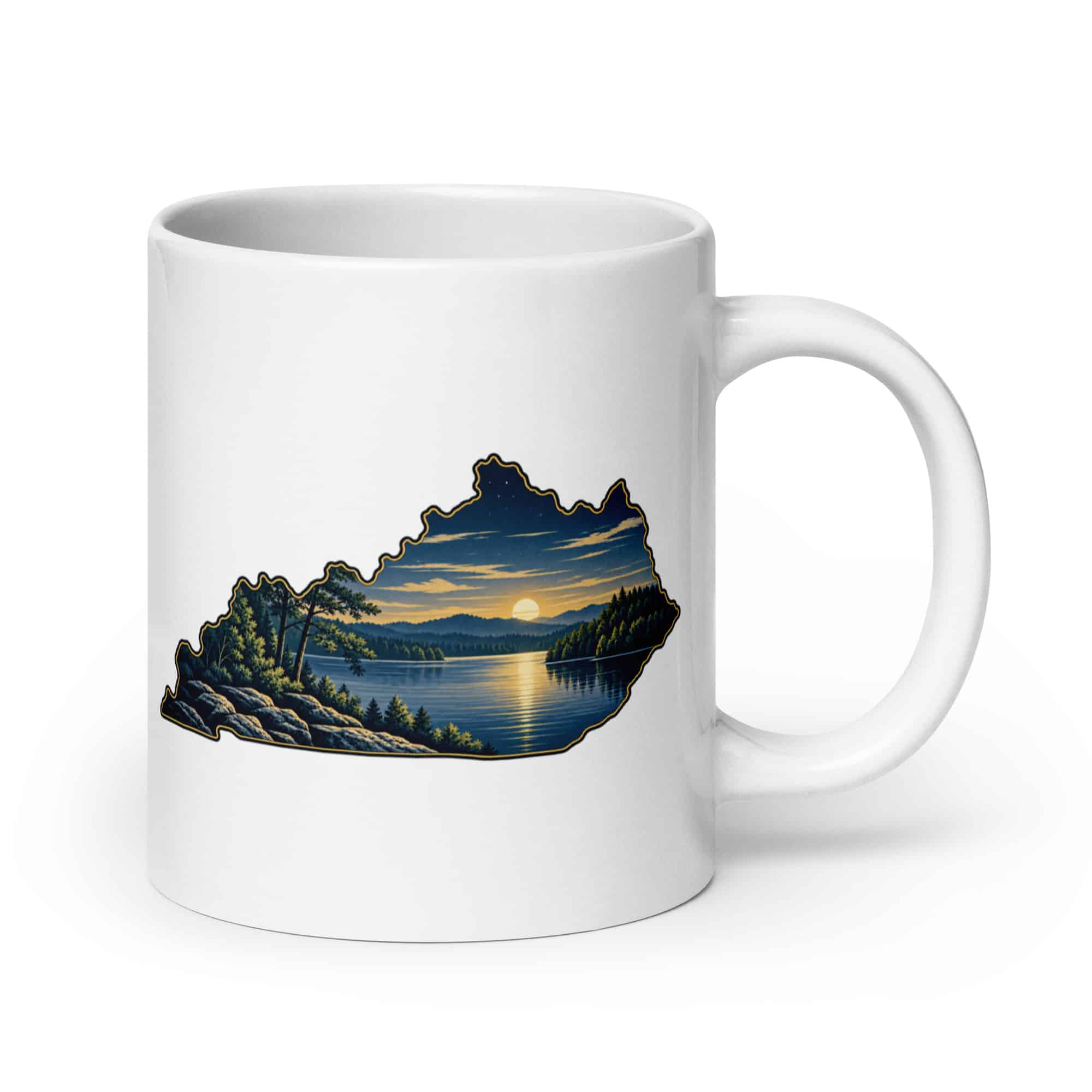 Kentucky White Ceramic Coffee Mug: Lake with wooded shoreline, Illustrated Kentucky Silhouette