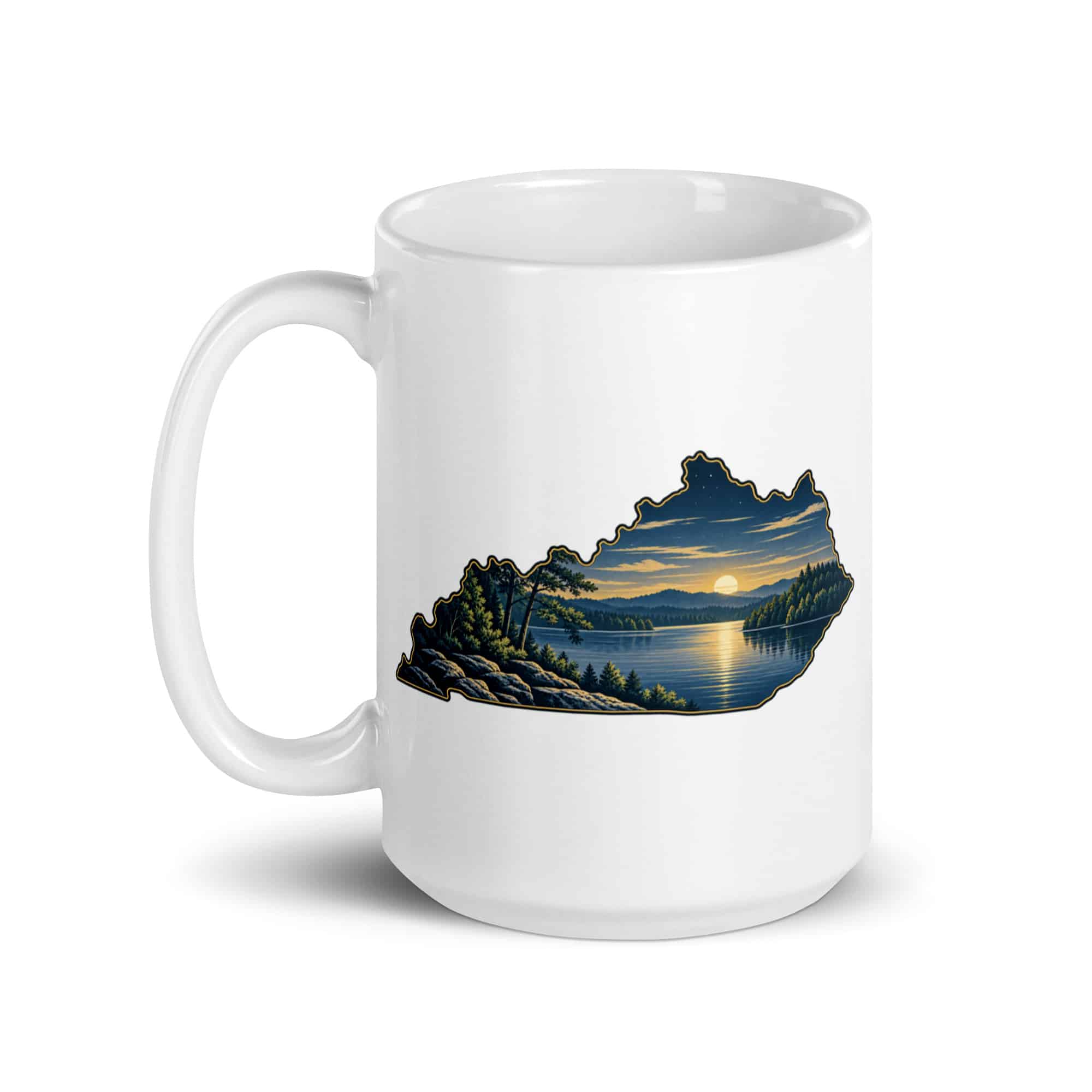 Kentucky White Ceramic Coffee Mug: Lake with wooded shoreline, Illustrated Kentucky Silhouette