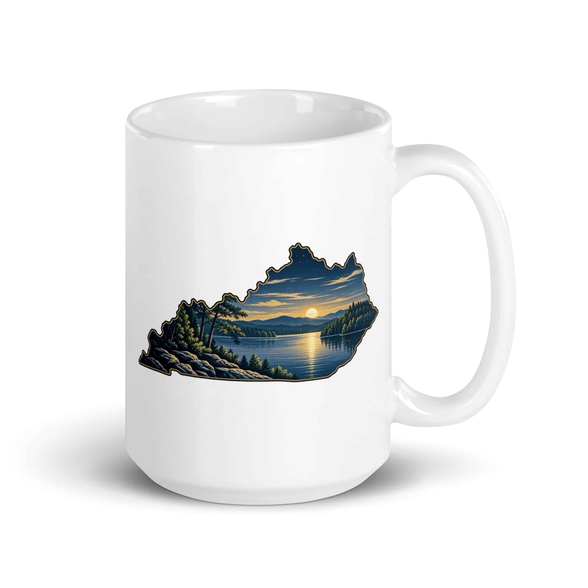Kentucky White Ceramic Coffee Mug: Lake with wooded shoreline, Illustrated Kentucky Silhouette