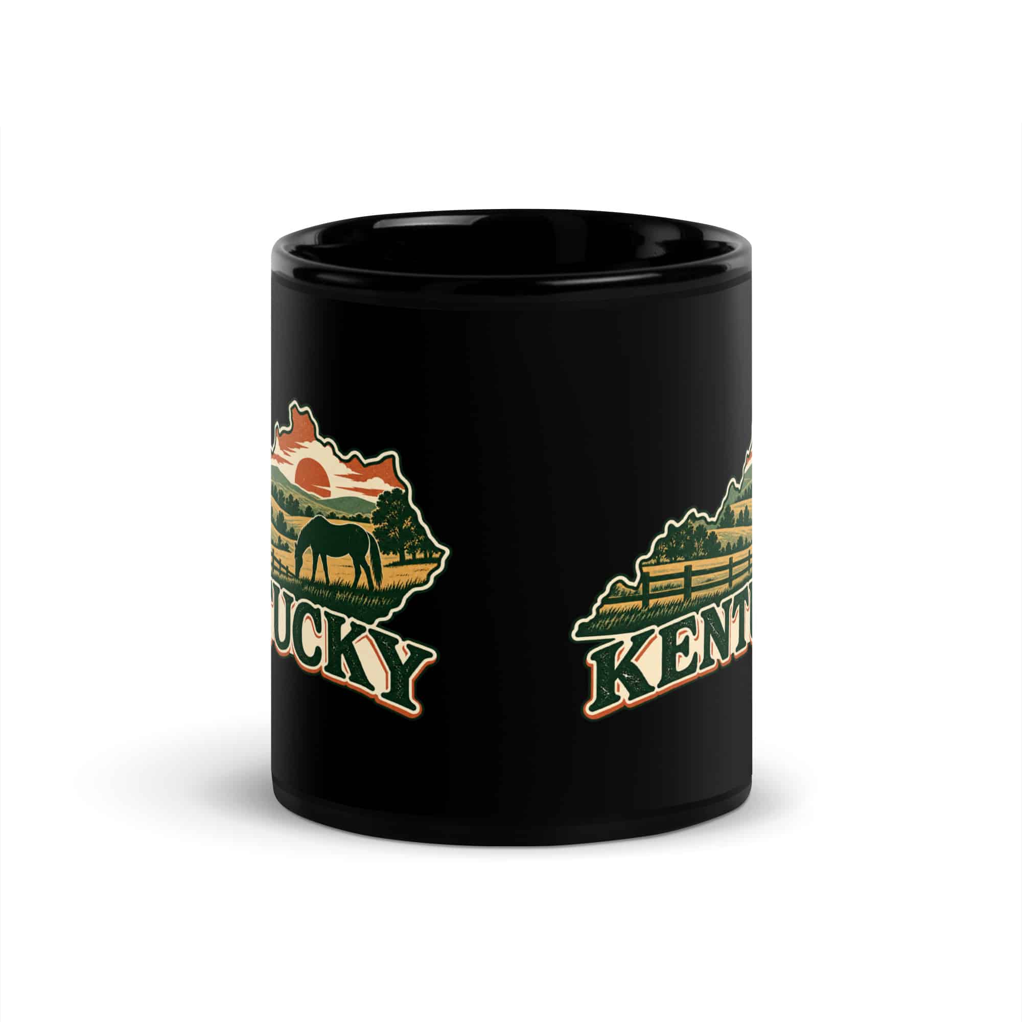 Kentucky Black Coffee Mug: Rolling pasture and horse silhouette, Vintage Kentucky Silhouette